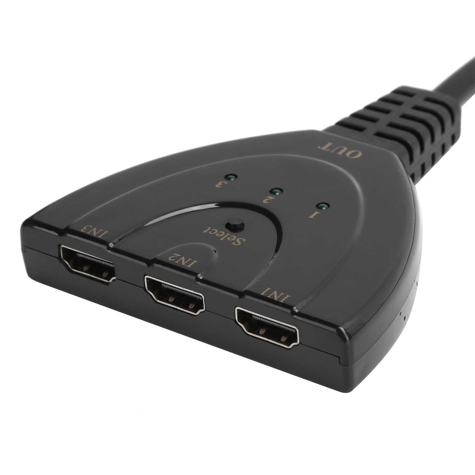 Ein schwarzer HDMI-Switch mit drei Eingangs- und einem Ausgangsanschluss, beschriftet mit IN1, IN2, IN3 bzw. OUT.