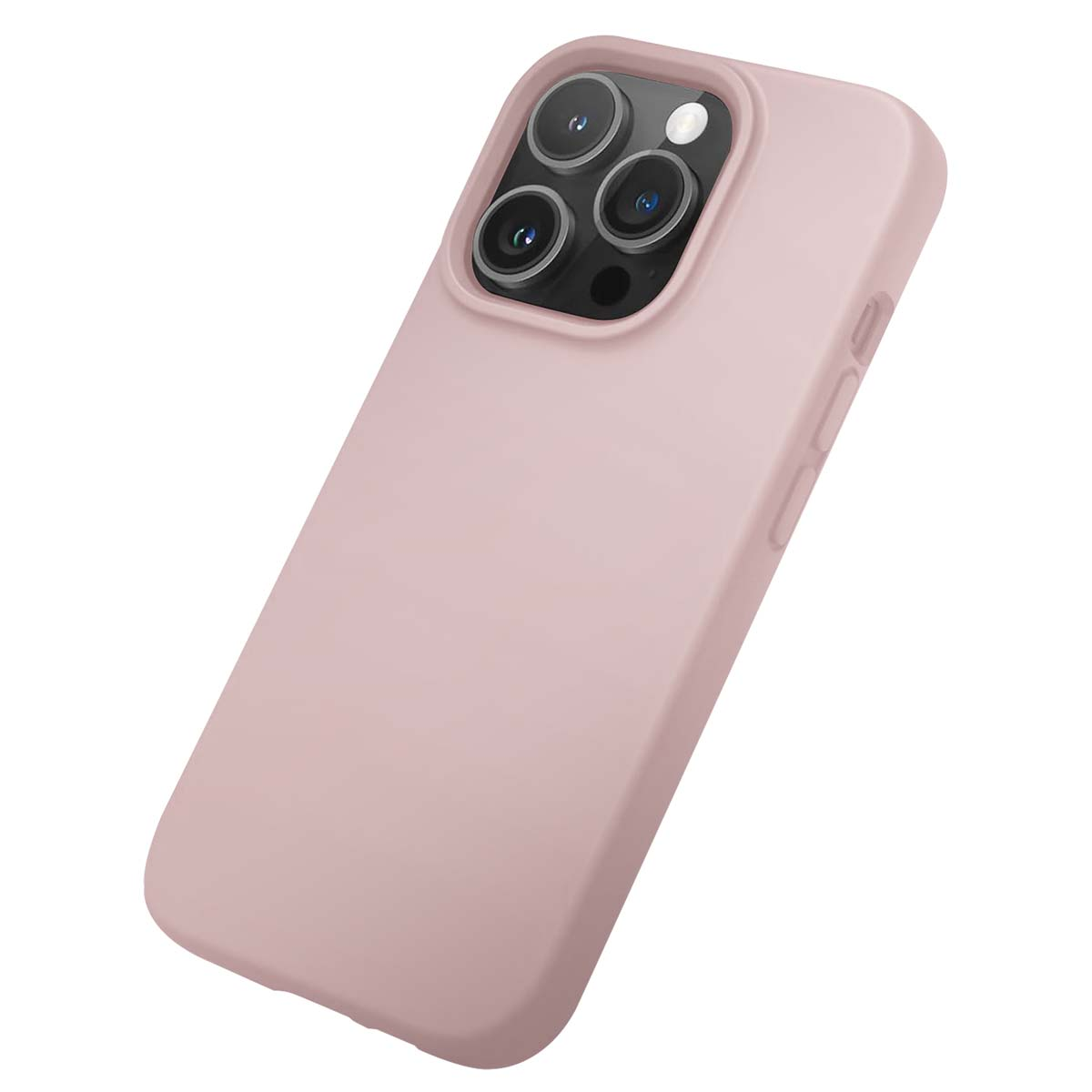 È mostrata una custodia rosa per telefono, leggermente angolata. Le lenti della fotocamera sono visibili in alto. La custodia è liscia e ha i pulsanti laterali.