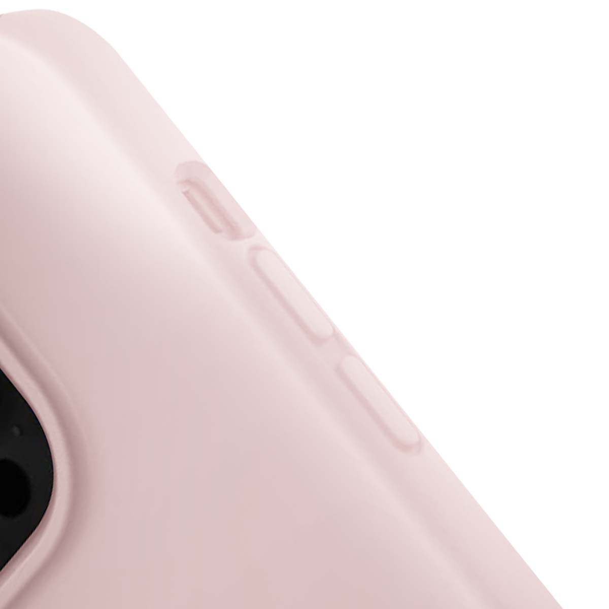 Primo piano di una cover per telefono rosa chiaro con tre pulsanti visibili. Lo sfondo è bianco.