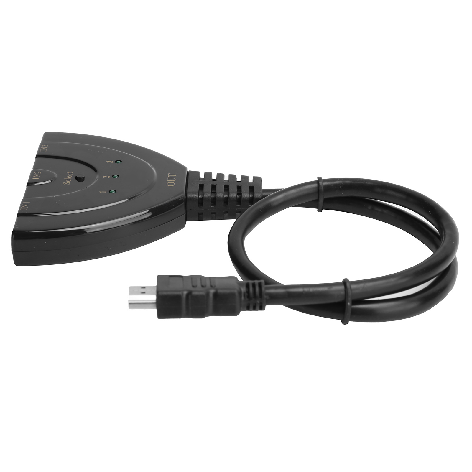 Schwarzer HDMI-Switch mit drei Eingängen, einem Ausgang und einem angeschlossenen Kabel. Das Kabel ist zurückgeschlungen.