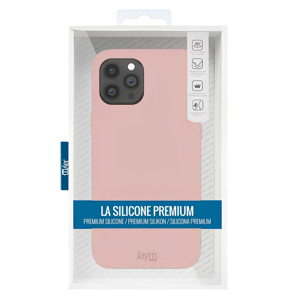 Una custodia rosa per telefono in una scatola. La custodia ha un ritaglio per la fotocamera, la scatola ha testo sul silicone e il marchio.