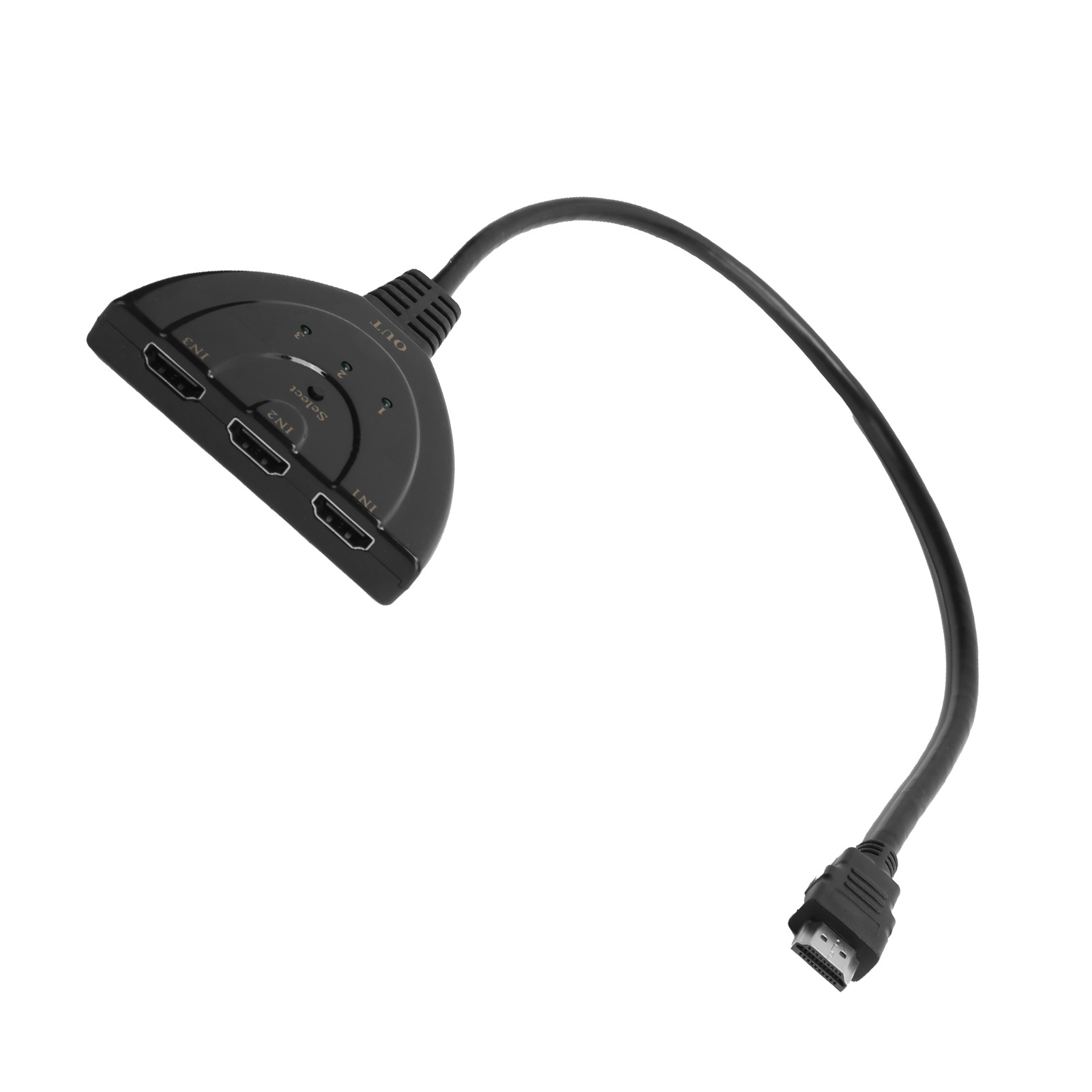 Schwarzer HDMI-Switch mit drei Eingängen und einem Ausgang, verbunden mit einem schwarzen Kabel mit HDMI-Anschluss, auf Weiß.