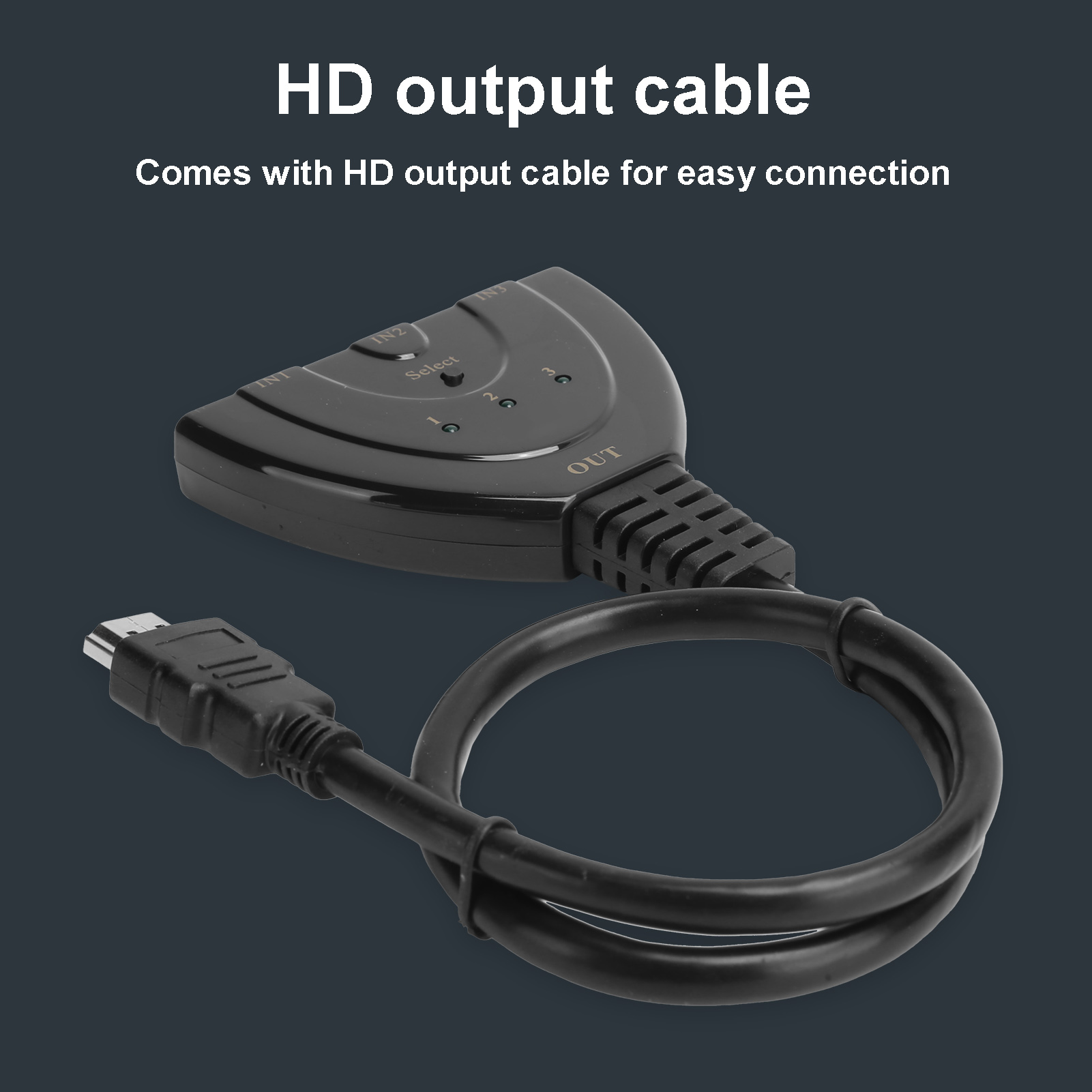 Schwarzes HD-Ausgangskabel mit Stecker und Schalter. Der Hintergrund ist dunkelgrau.