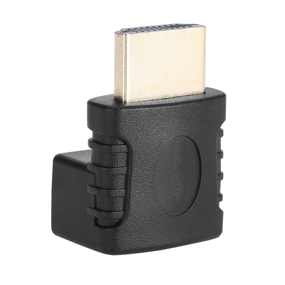 Ein schwarzer HDMI-Adapter mit einem goldfarbenen Stecker. Der Adapter ist L-förmig, mit einer strukturierten Oberfläche und weißem Hintergrund.