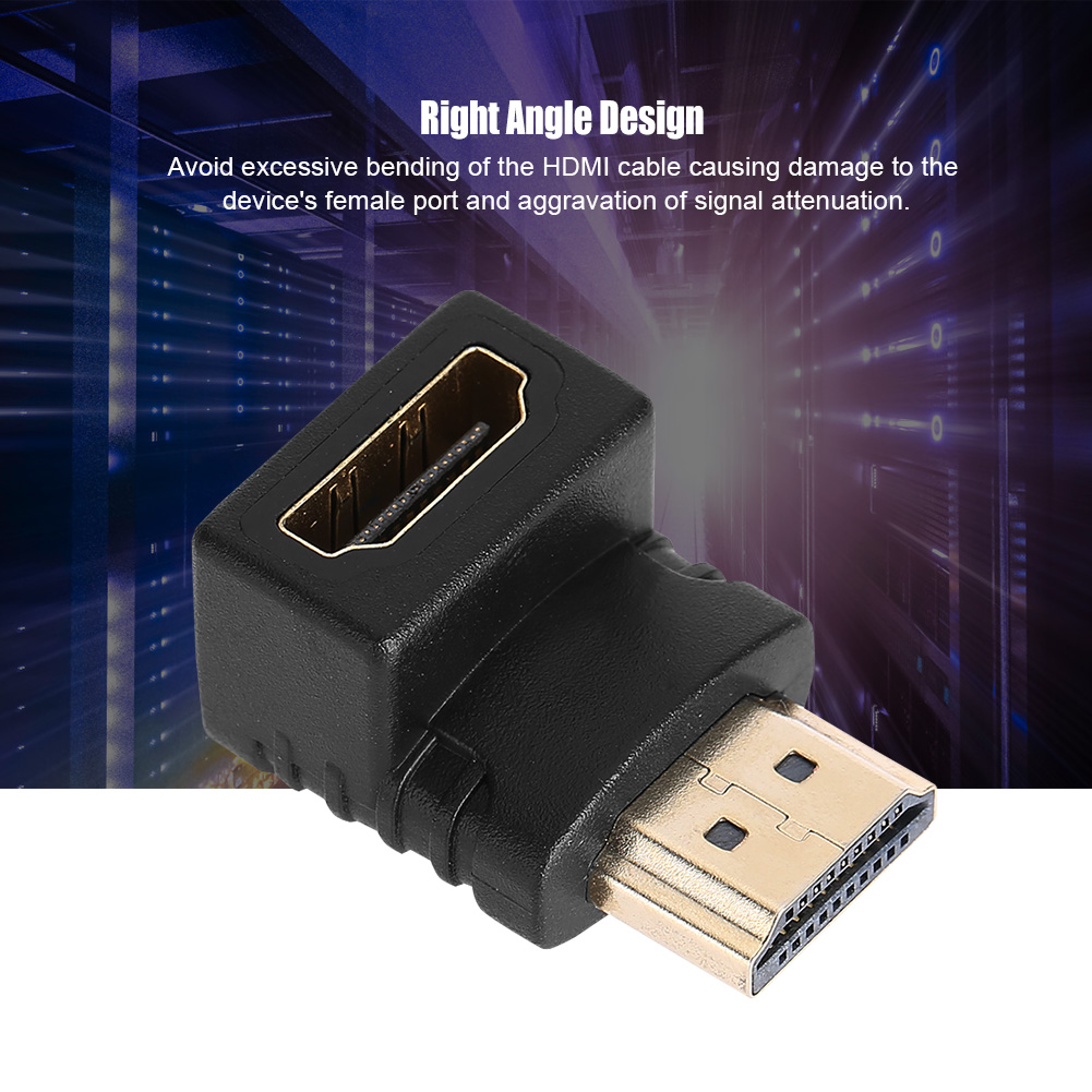 Schwarzer HDMI-Adapter mit goldenen Anschlüssen. Design im rechten Winkel, mit Text zur Vermeidung von Kabelschäden. Hintergrund ist ein digitaler blauer Farbverlauf.