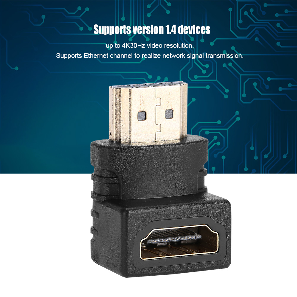 Ein schwarzer HDMI-Adapter mit goldenen Anschlüssen. Der Text im Hintergrund besagt, dass er 4K-Videoauflösung und Ethernet unterstützt.