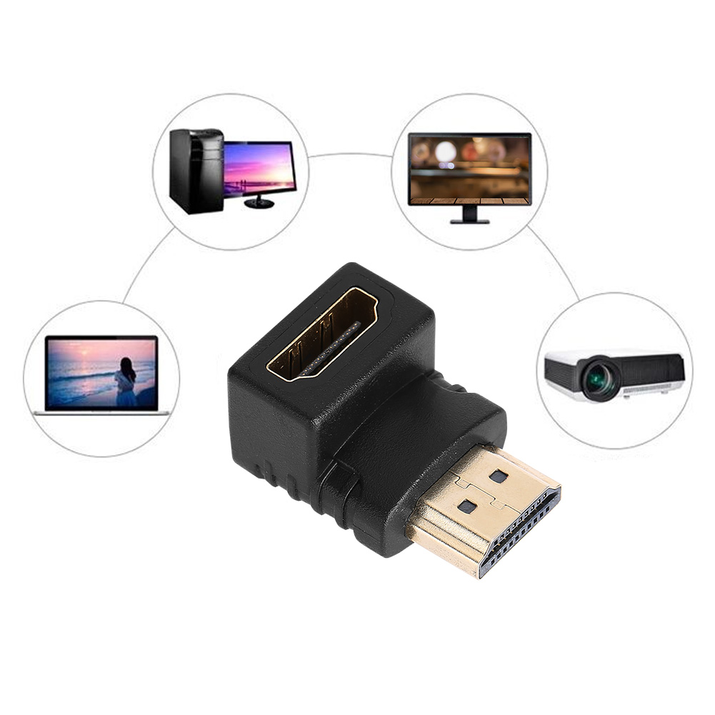 Schwarzer HDMI-Adapter mit goldenen Anschlüssen. Umgeben von Bildern eines Desktops, Laptops, Bildschirms und Projektors, die seine Verwendung darstellen.