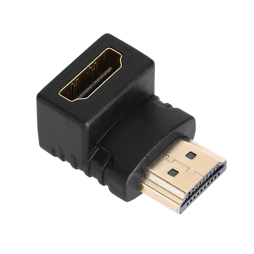 Ein schwarzer HDMI-Adapter mit goldenen Anschlüssen vor weißem Hintergrund. Der Adapter ist abgewinkelt mit einem Buchsen- und einem Steckerende.
