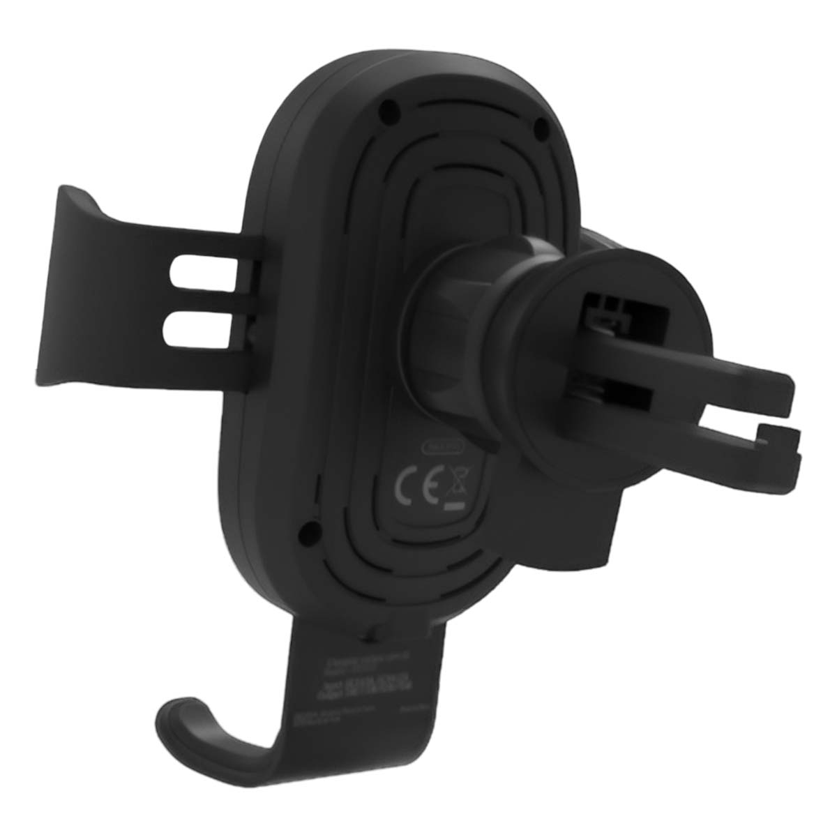 Un soporte negro para teléfono de coche. Tiene una pinza de ventilación, un gancho y una cuna. El fondo es blanco.