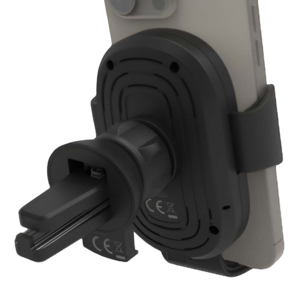 Un soporte negro para teléfono de coche con un teléfono adjunto. El soporte está montado en una rejilla. El teléfono es gris.