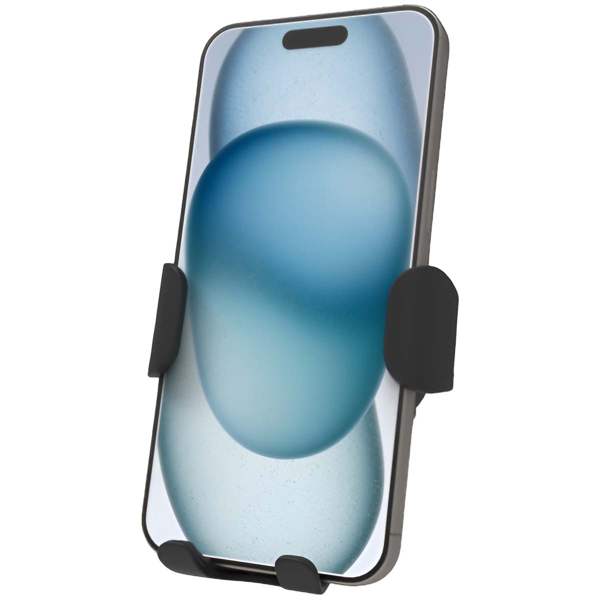Un teléfono inteligente en un soporte negro para automóvil. El teléfono muestra una imagen abstracta azul y blanca. El fondo es blanco.