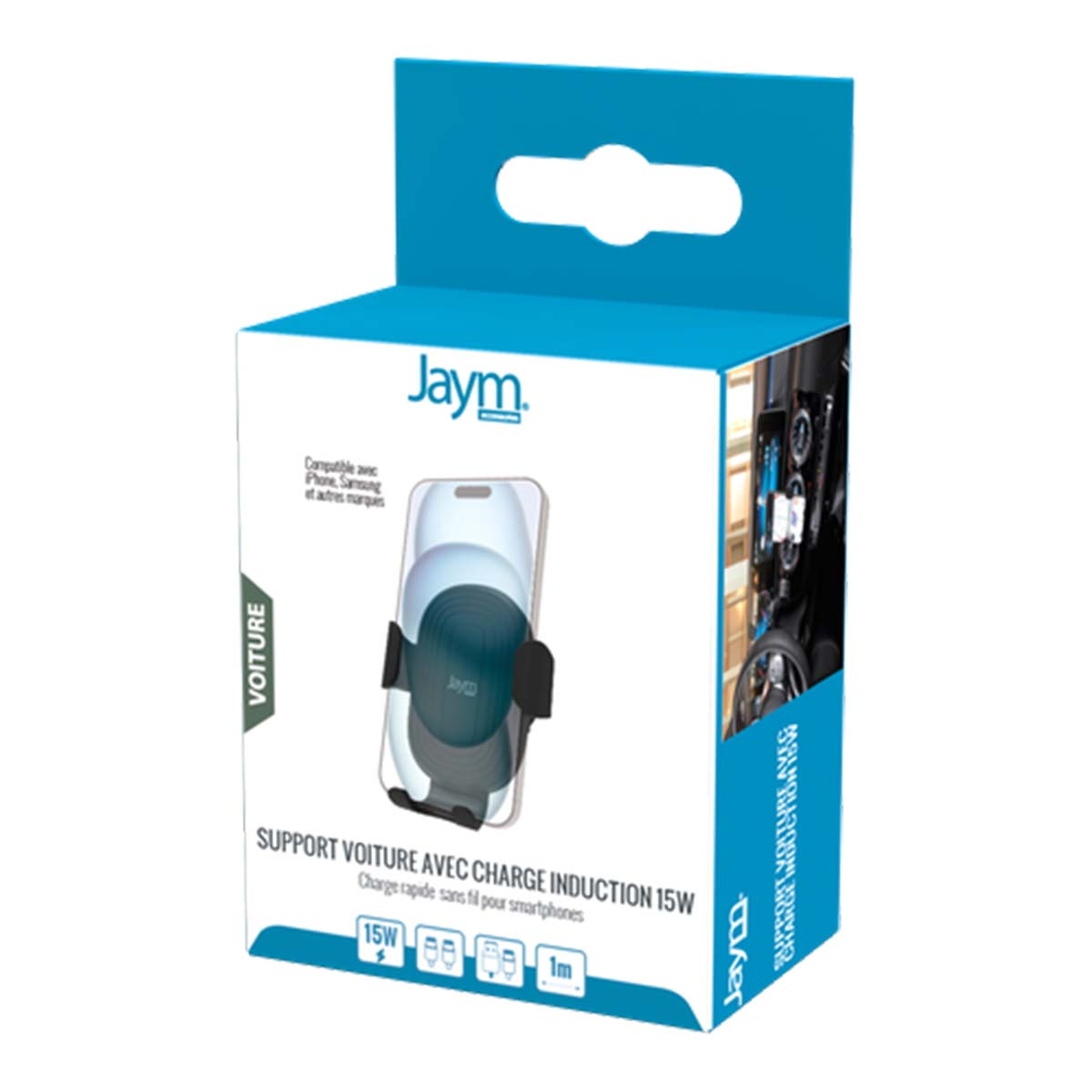 Caja con cargador de teléfono para automóvil. La caja es azul y blanca. Tiene la marca "Jaym" y texto en francés.