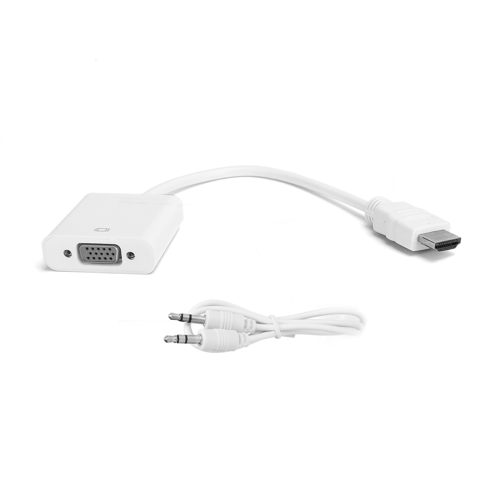 Weißer VGA-zu-HDMI-Adapter mit Kabel und HDMI-Anschluss. Außerdem ein weißes Audiokabel und Buchsen.