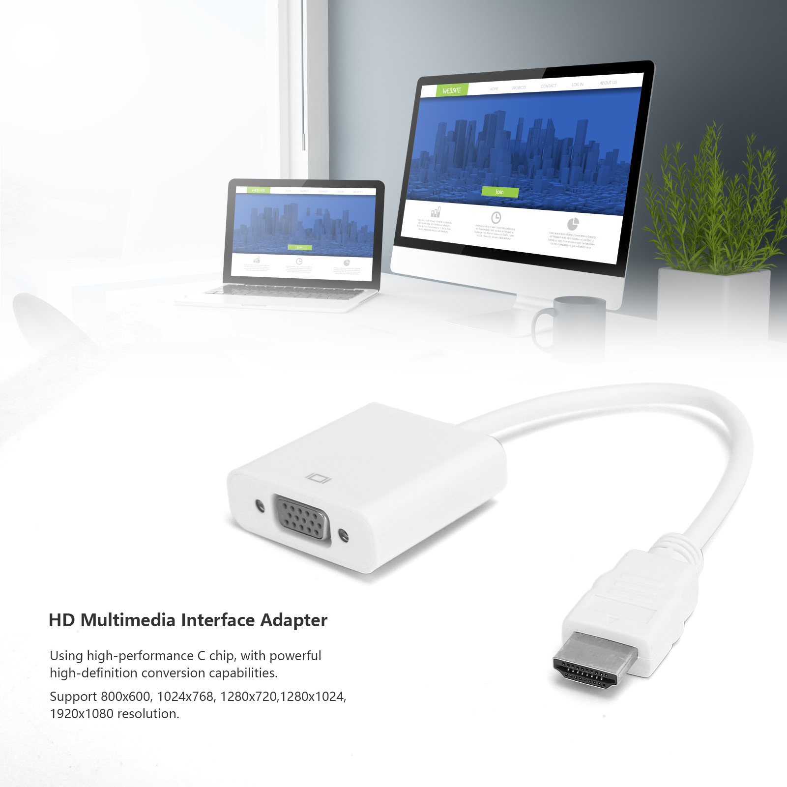 Ein weißer Adapter mit VGA- und HDMI-Anschlüssen, mit Laptop und Monitor, die eine Website anzeigen.