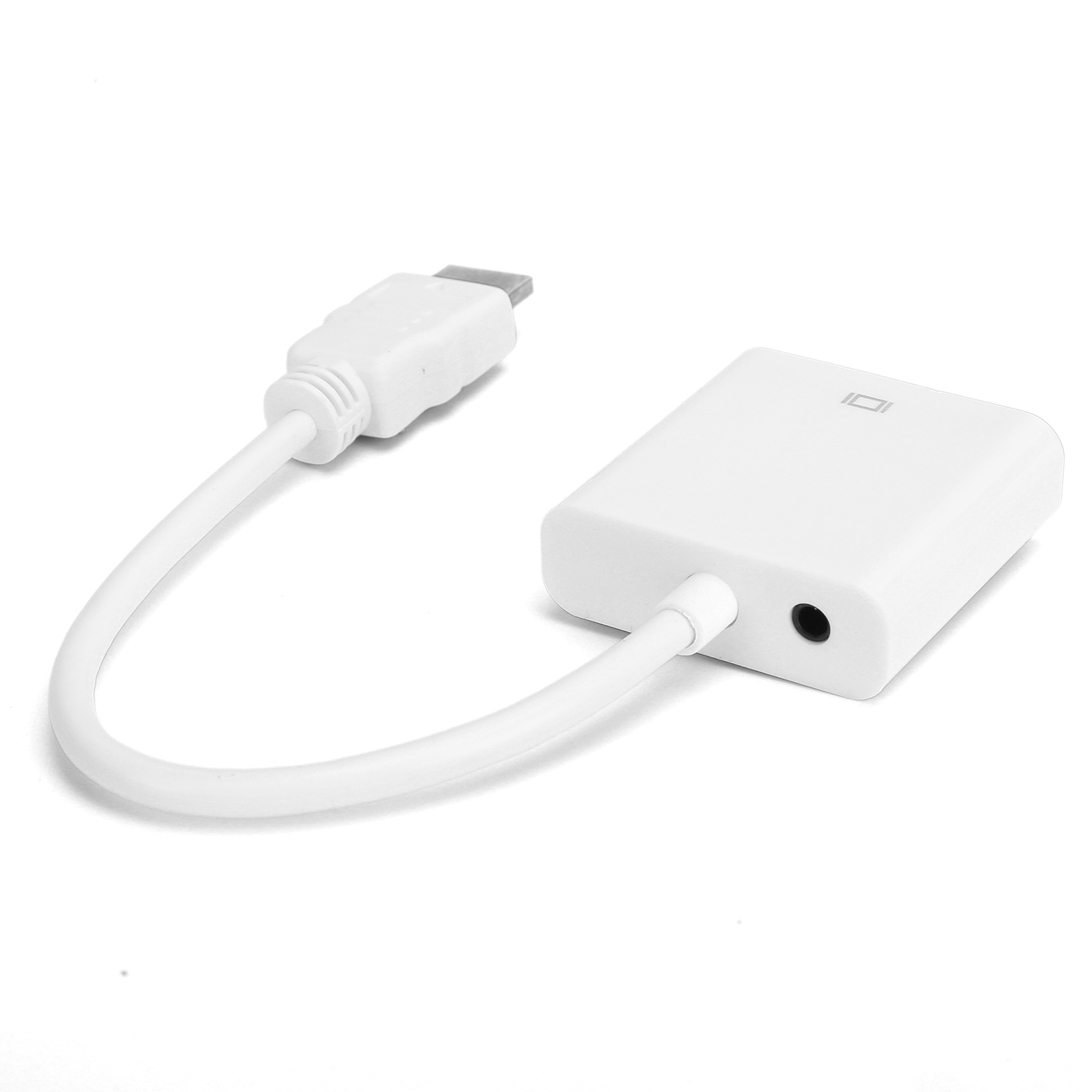 Ein weißer HDMI-Adapter mit Kabel verbindet sich mit einer weißen rechteckigen Box mit Kopfhöreranschluss und HDMI-Eingang.
