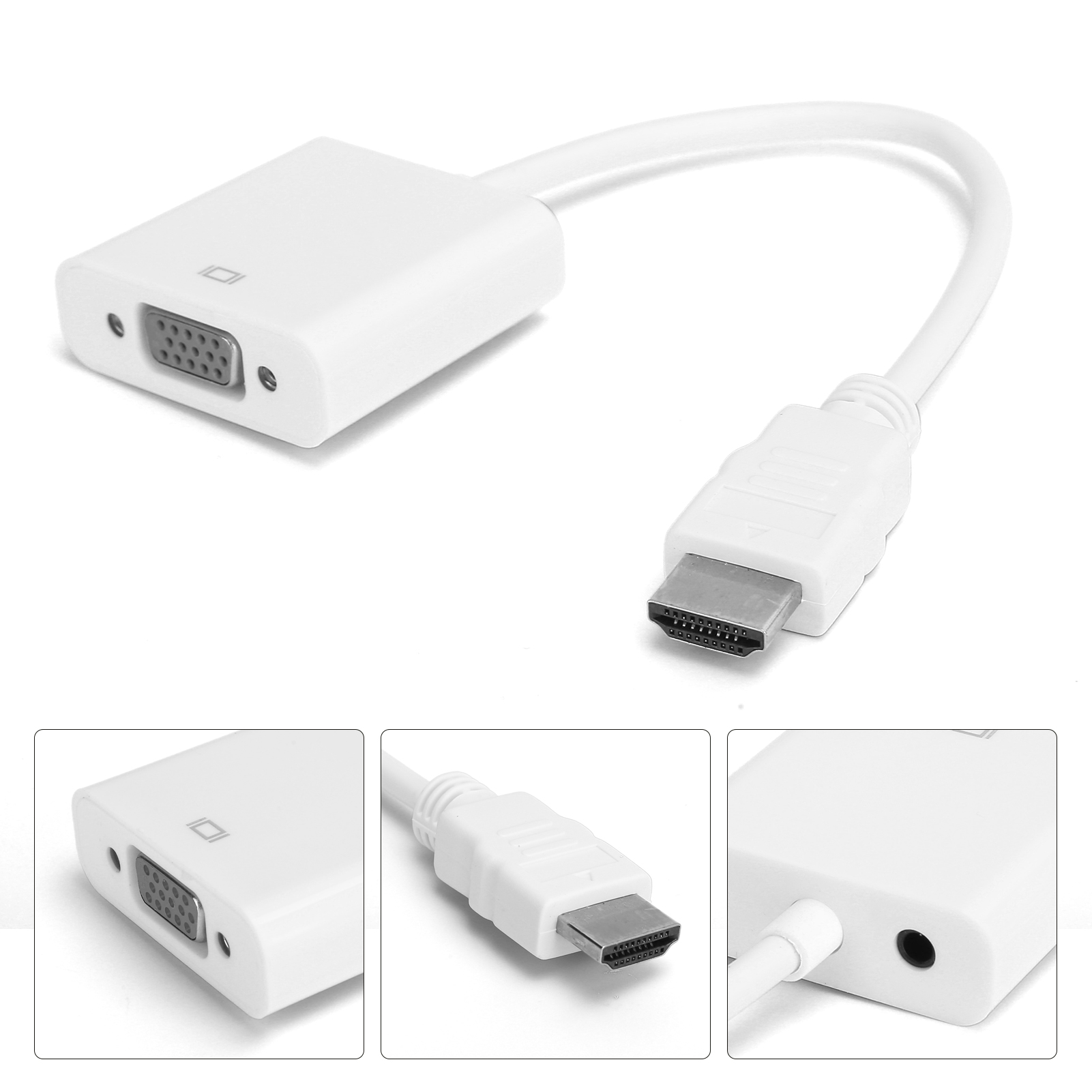 Weißes HDMI-zu-VGA-Adapterkabel. Es hat einen VGA-Anschluss, einen HDMI-Anschluss und ein weißes Kabel.