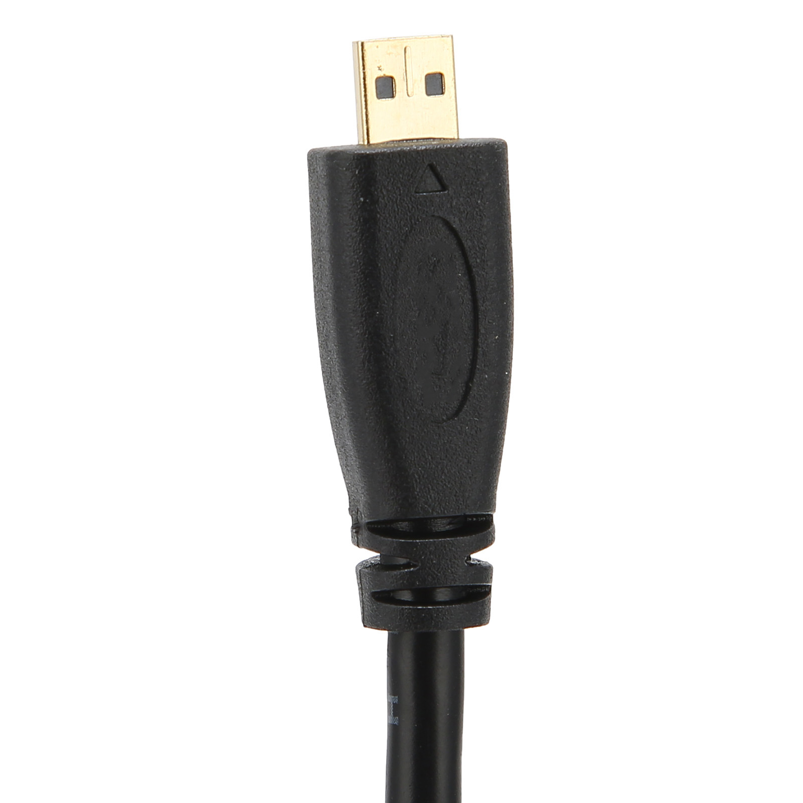 Ein schwarzes USB-Kabel mit einem goldfarbenen Stecker wird vor weißem Hintergrund gezeigt. Das Kabel ist vertikal ausgerichtet.