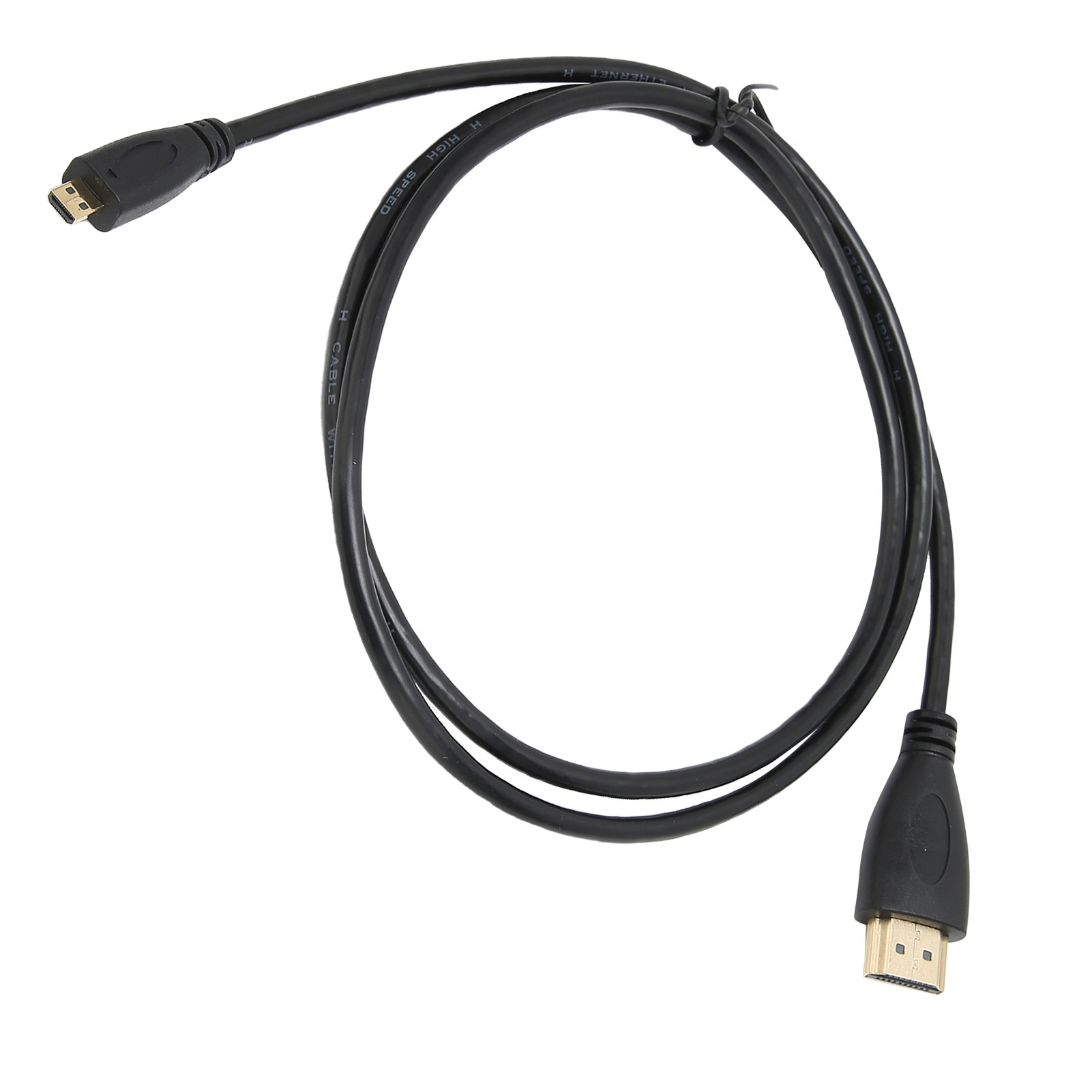 Schwarzes HDMI-Kabel mit zwei Anschlüssen: Mikro und Standard. Es ist gekräuselt und mit einem schwarzen Band gebunden.