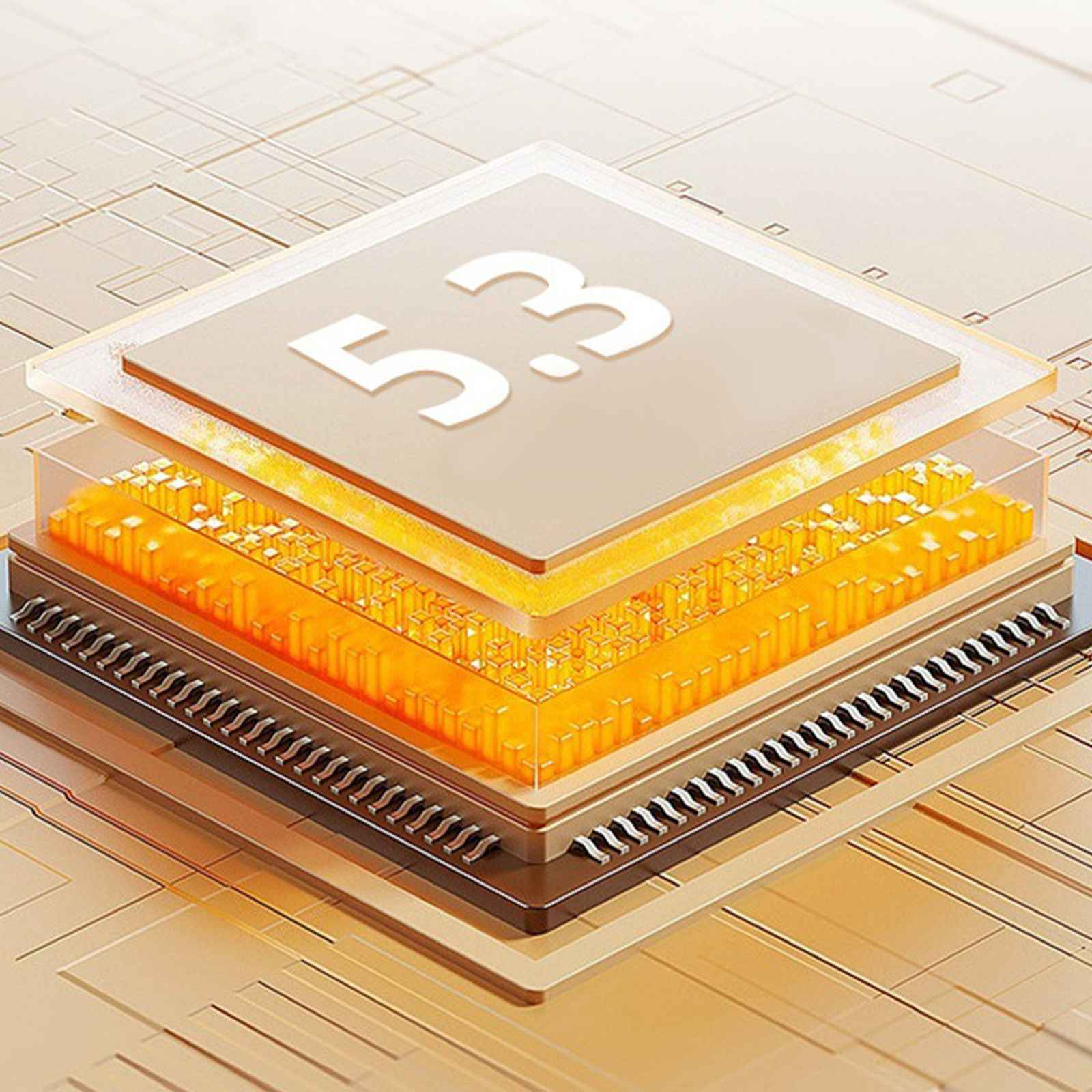 Eine 3D-Darstellung eines Prozessors mit Schichten, die interne Komponenten zeigen und die Nummer 53 oben.