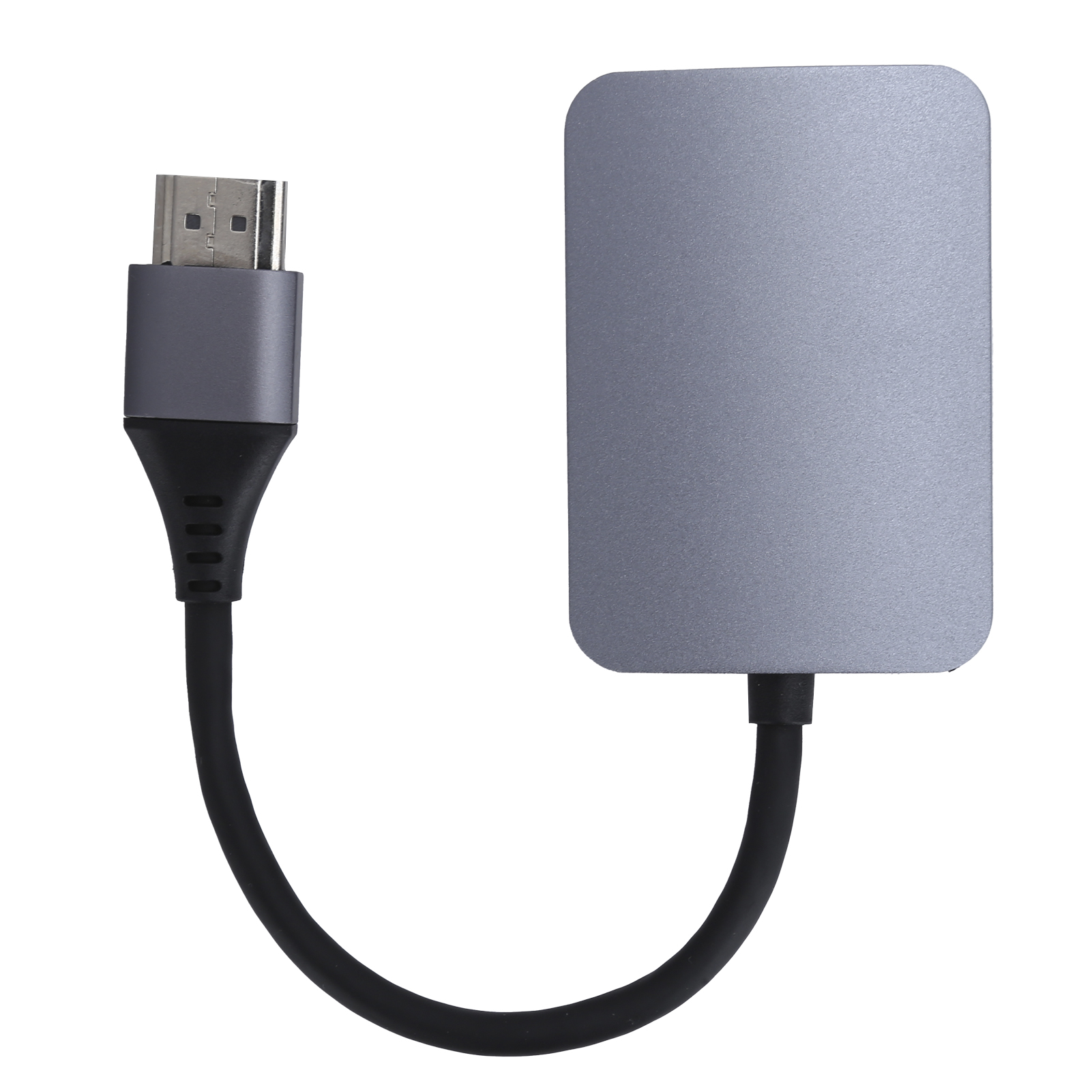 Ein grauer HDMI-Adapter mit schwarzem Kabel. Der Adapter hat einen rechteckigen Körper und einen Stecker. Weißer Hintergrund.