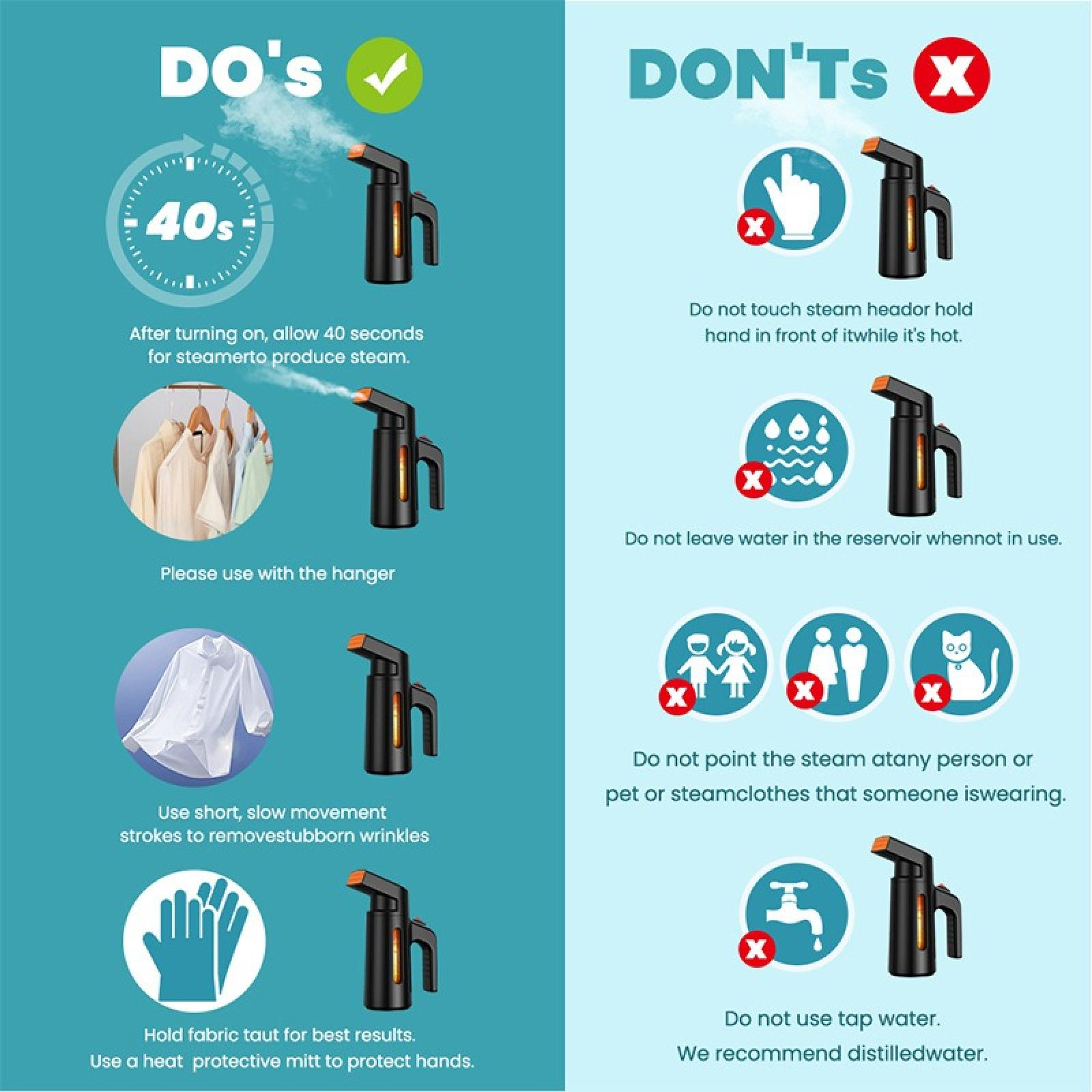 Infografik mit Bügeleisenanweisungen. Dos zeigen die richtige Verwendung, und Dont's zeigen den Missbrauch, mit einem schwarzen und orangen Dampfgarer.
