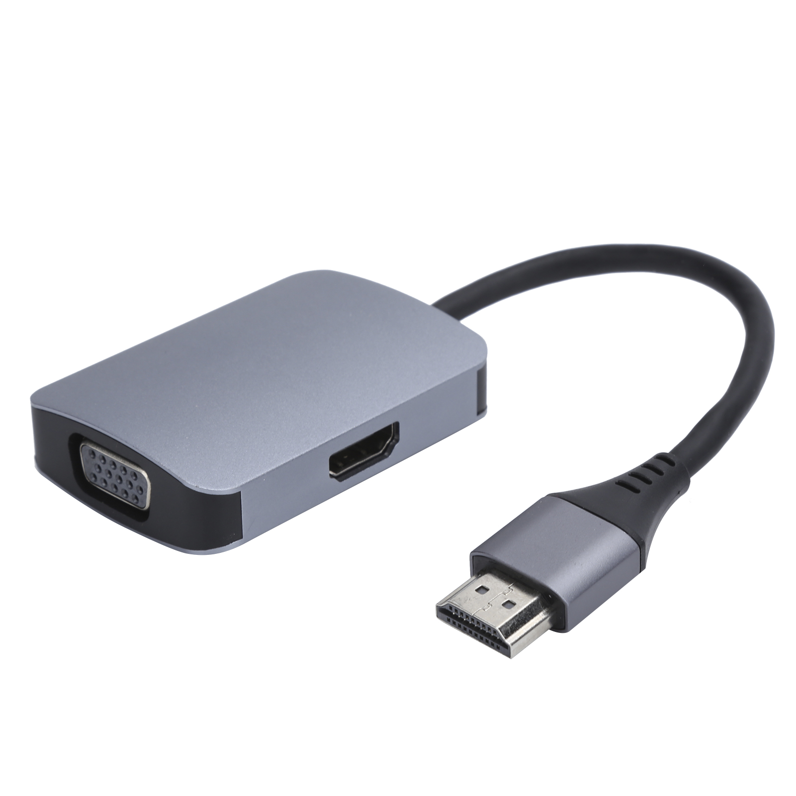 Ein grauer Multi-Port-Adapter mit HDMI-, VGA- und USB-C-Anschluss. Ein schwarzes Kabel verbindet den Adapter mit dem Stecker.