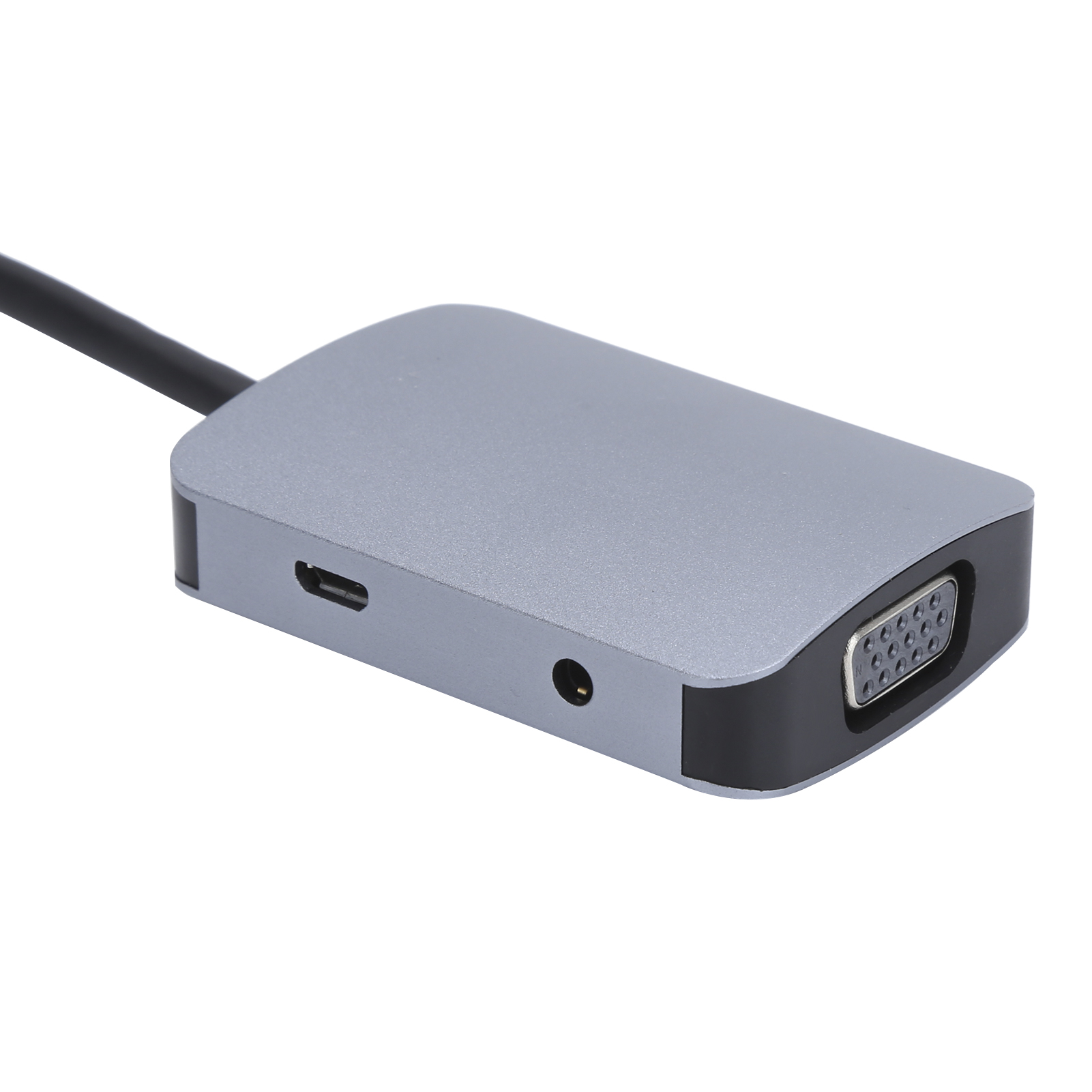 Ein silberner Adapter mit VGA-Anschluss, USB-C-Anschluss und 3,5-mm-Audioanschluss. Ein schwarzes Kabel geht vom Adapter aus.