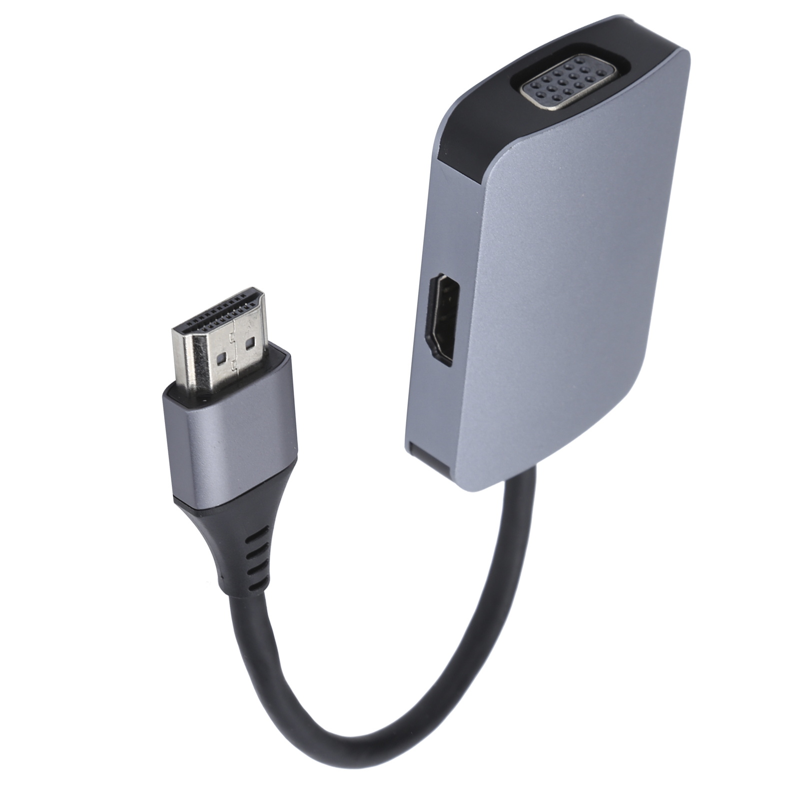 Ein silberner und schwarzer HDMI-zu-VGA-Adapter. Ein Ende hat einen HDMI-Anschluss, das andere einen VGA-Anschluss und einen HDMI-Anschluss.