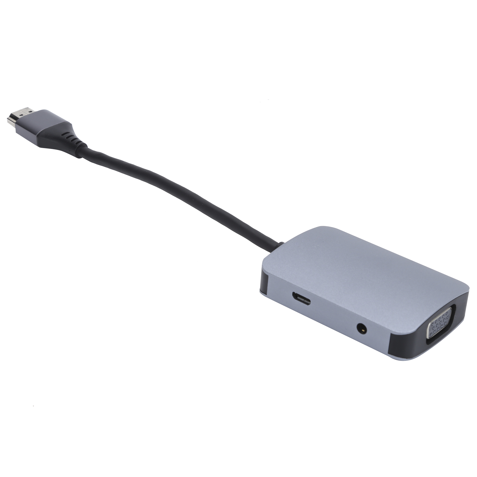 Ein silberner und schwarzer USB-C-Hub mit angeschlossenem Kabel. Er hat mehrere Anschlüsse, darunter VGA und Audio.