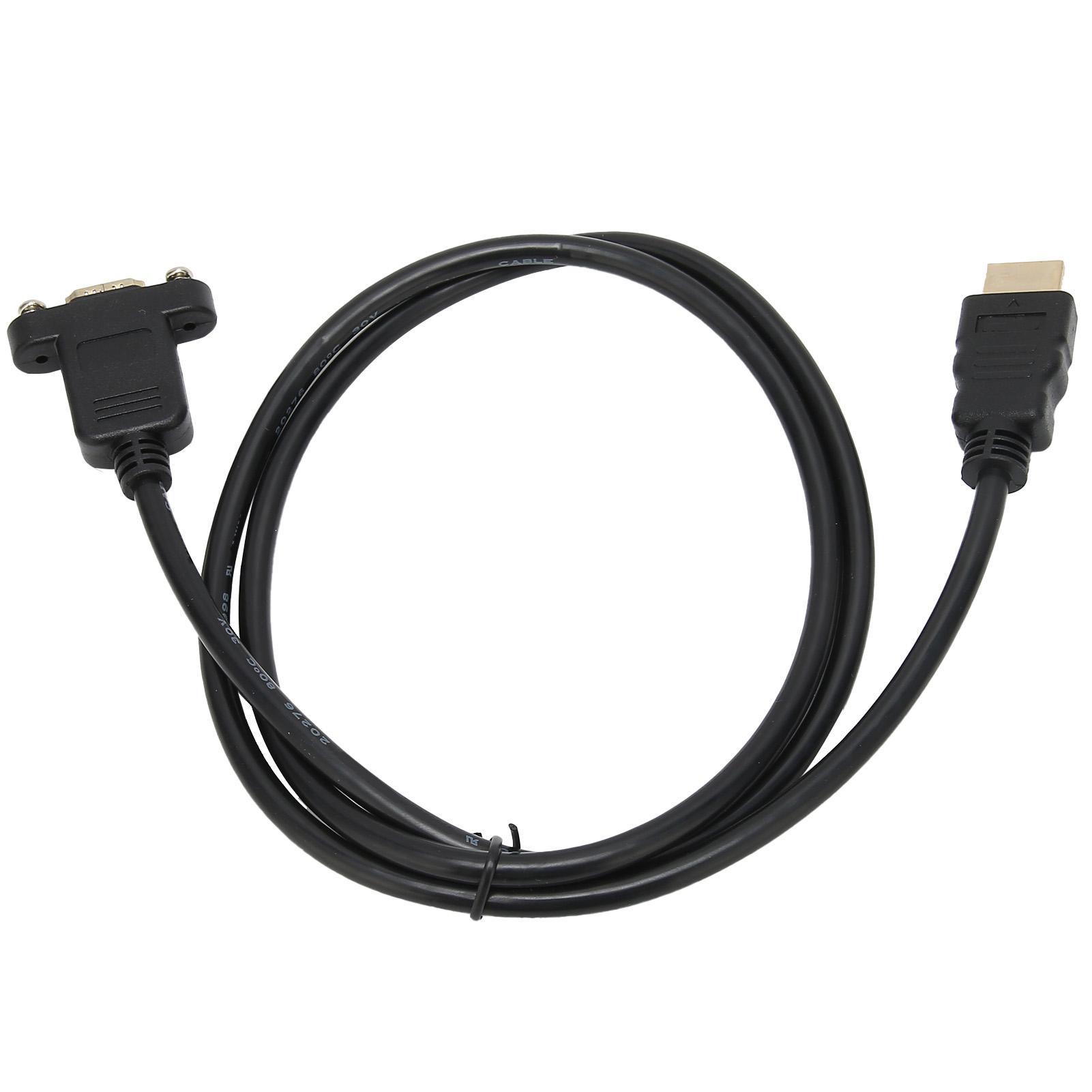 Schwarzes HDMI-zu-VGA-Kabel auf weißem Hintergrund. Das Kabel bildet eine Schlaufe, mit Anschlüssen an jedem Ende.