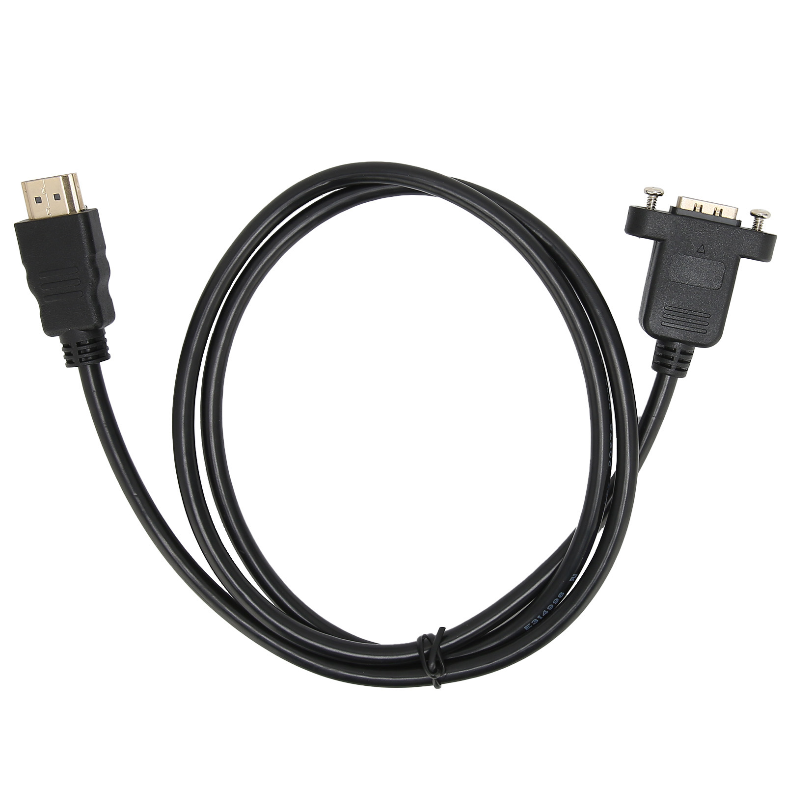 Ein schwarzes HDMI-zu-VGA-Kabel liegt auf einer weißen Oberfläche. An beiden Enden befinden sich Anschlüsse, und das Kabel ist geschlungen.