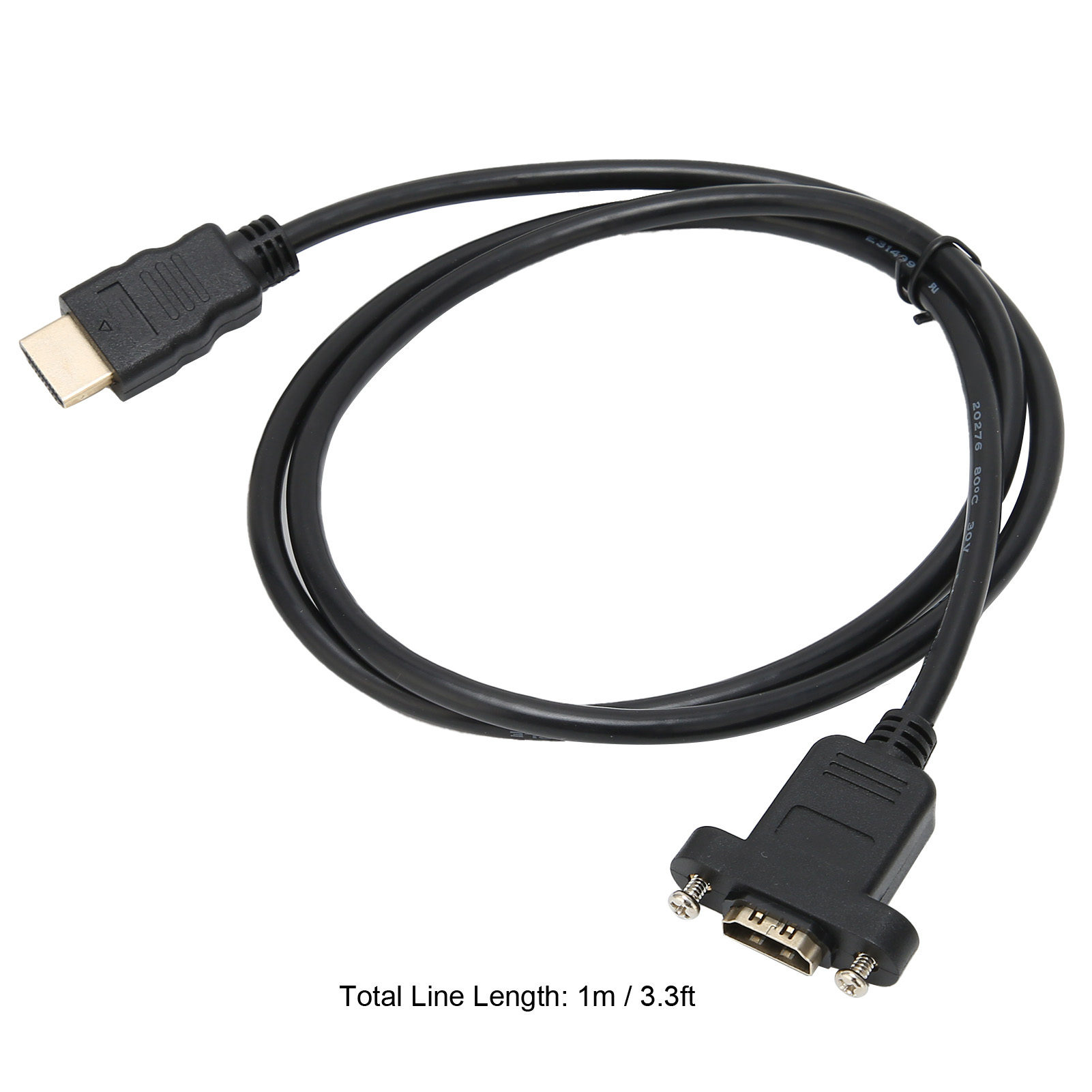 Schwarzes HDMI-zu-VGA-Kabel. Ein Ende hat einen HDMI-Anschluss, das andere einen VGA-Anschluss. Die Länge beträgt 1 m.