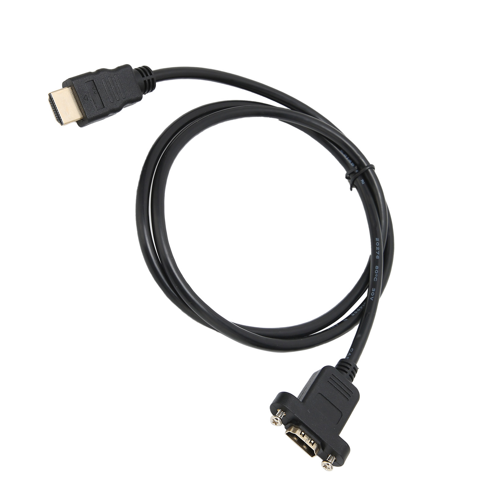Ein schwarzes HDMI-zu-VGA-Adapterkabel mit Anschlüssen an beiden Enden und einem gewendelten Kabel auf weißem Hintergrund.