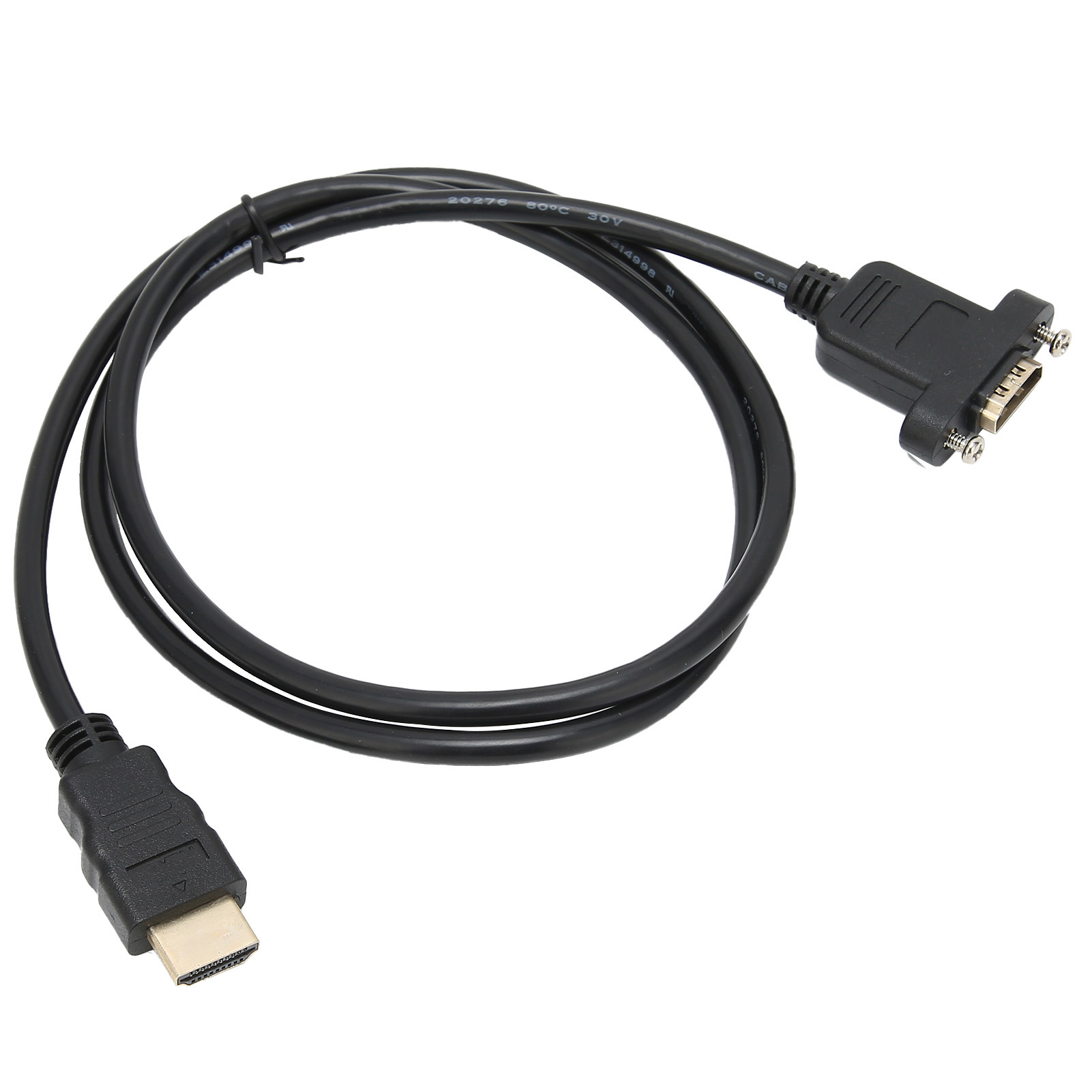 Ein schwarzes HDMI-Kabel mit Anschlüssen an jedem Ende. Das Kabel hat eine Schlaufenform vor weißem Hintergrund.