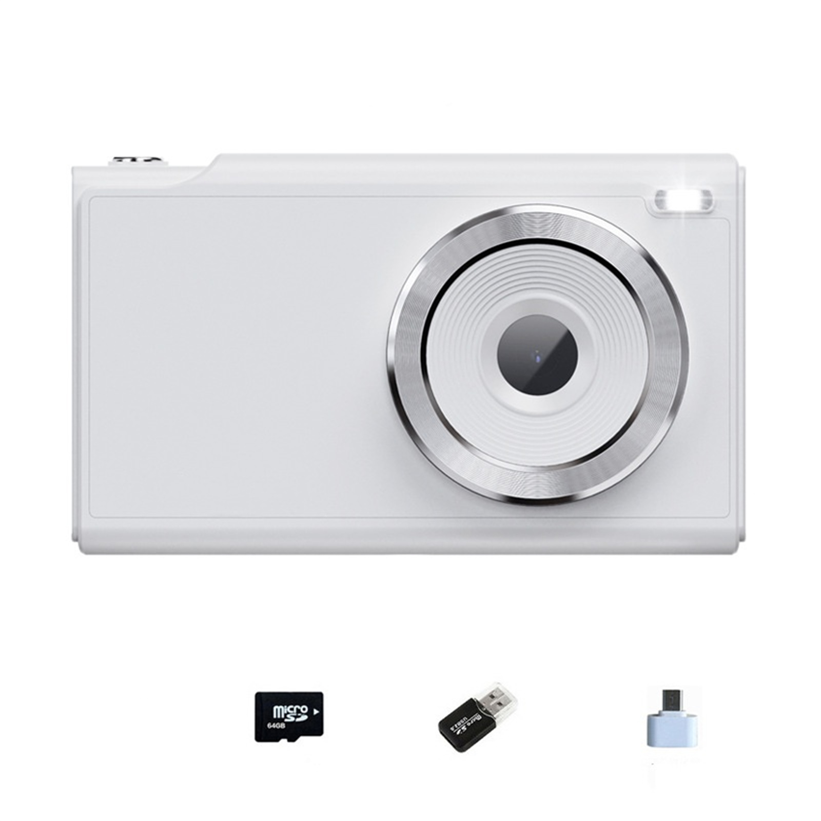 Weiße Digitalkamera mit silbernem Objektiv, Blitz und Zubehör: SD-Karte, USB-Adapter und USB-C-Adapter auf weißem Hintergrund.