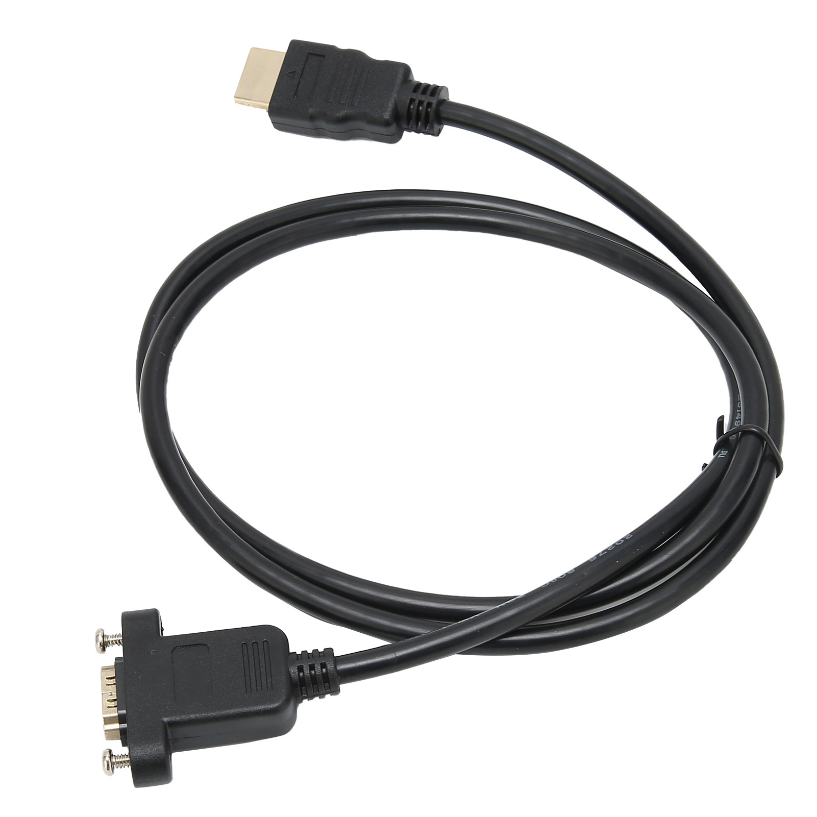 Ein schwarzes HDMI-zu-VGA-Kabel mit Anschlüssen an beiden Enden. Das Kabel ist aufgerollt, vor weißem Hintergrund.