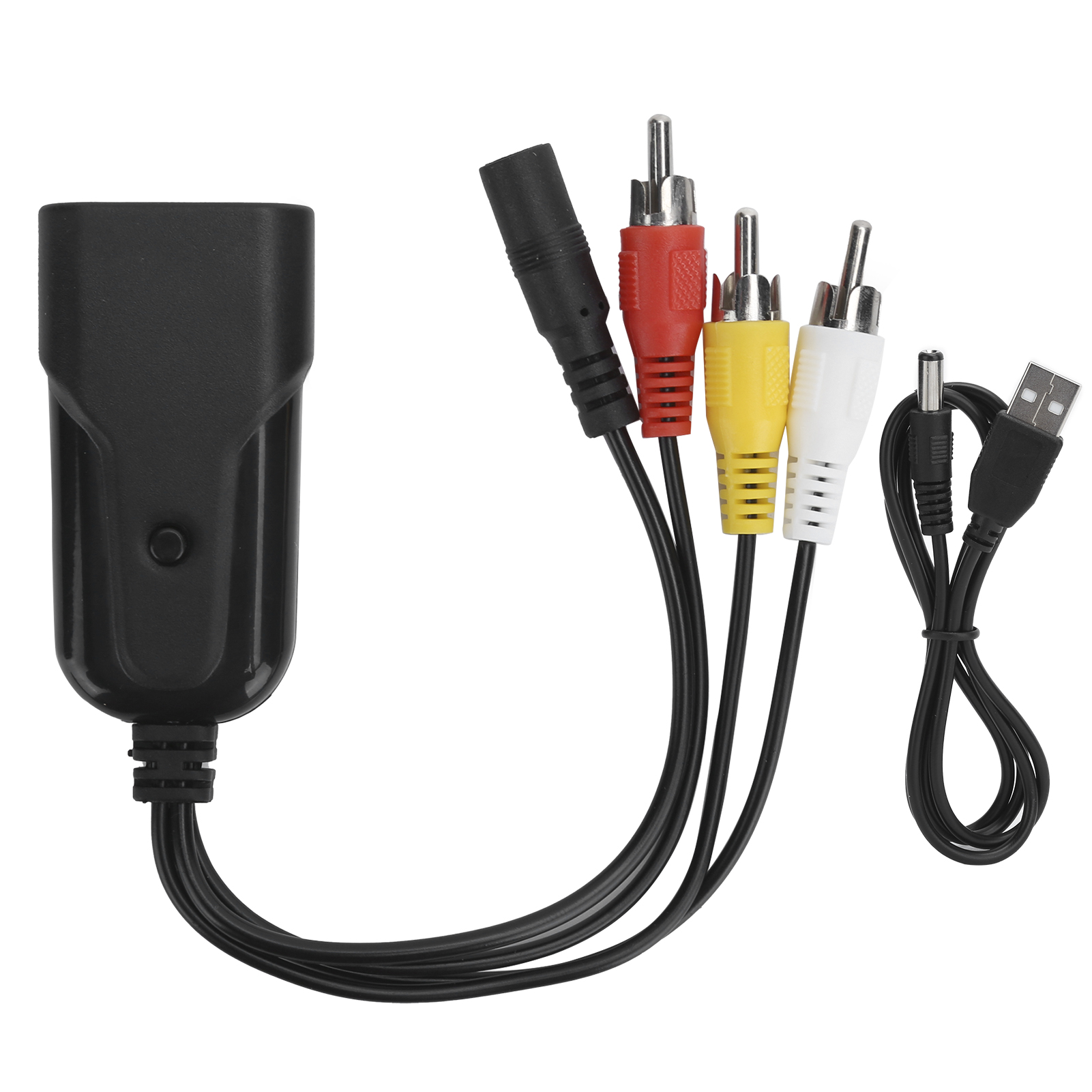 Ein schwarzes Gerät mit mehreren farbigen AV-Kabeln und einem USB-Kabel auf weißem Hintergrund.