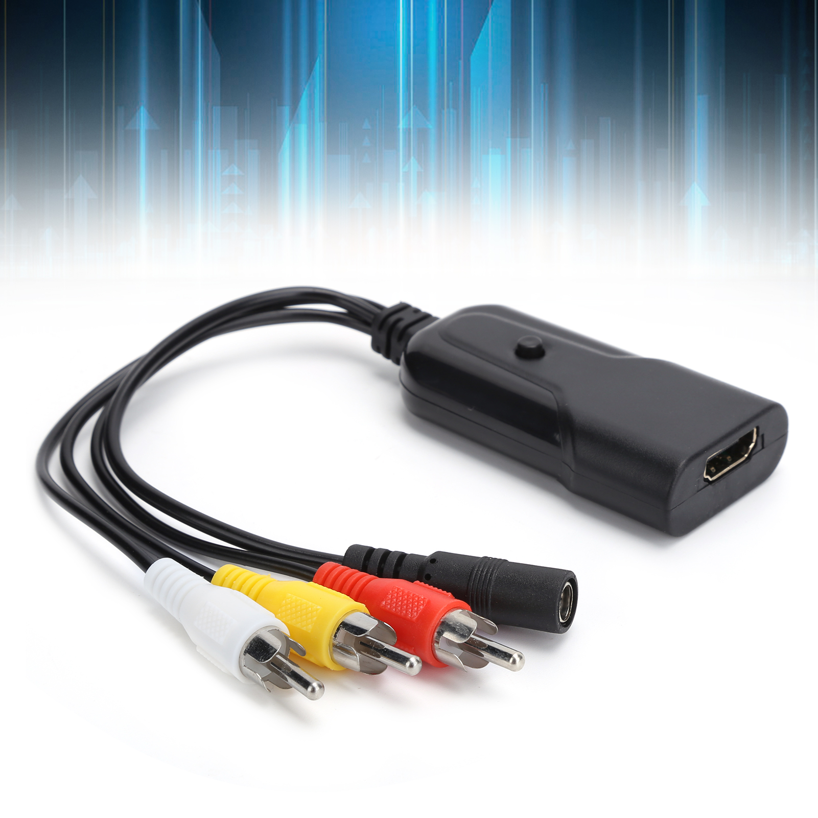Ein schwarzer HDMI-Adapter mit Cinch-Kabeln (weiß, gelb, rot). Der Hintergrund hat einen blauen Farbverlauf mit weißen Linien.