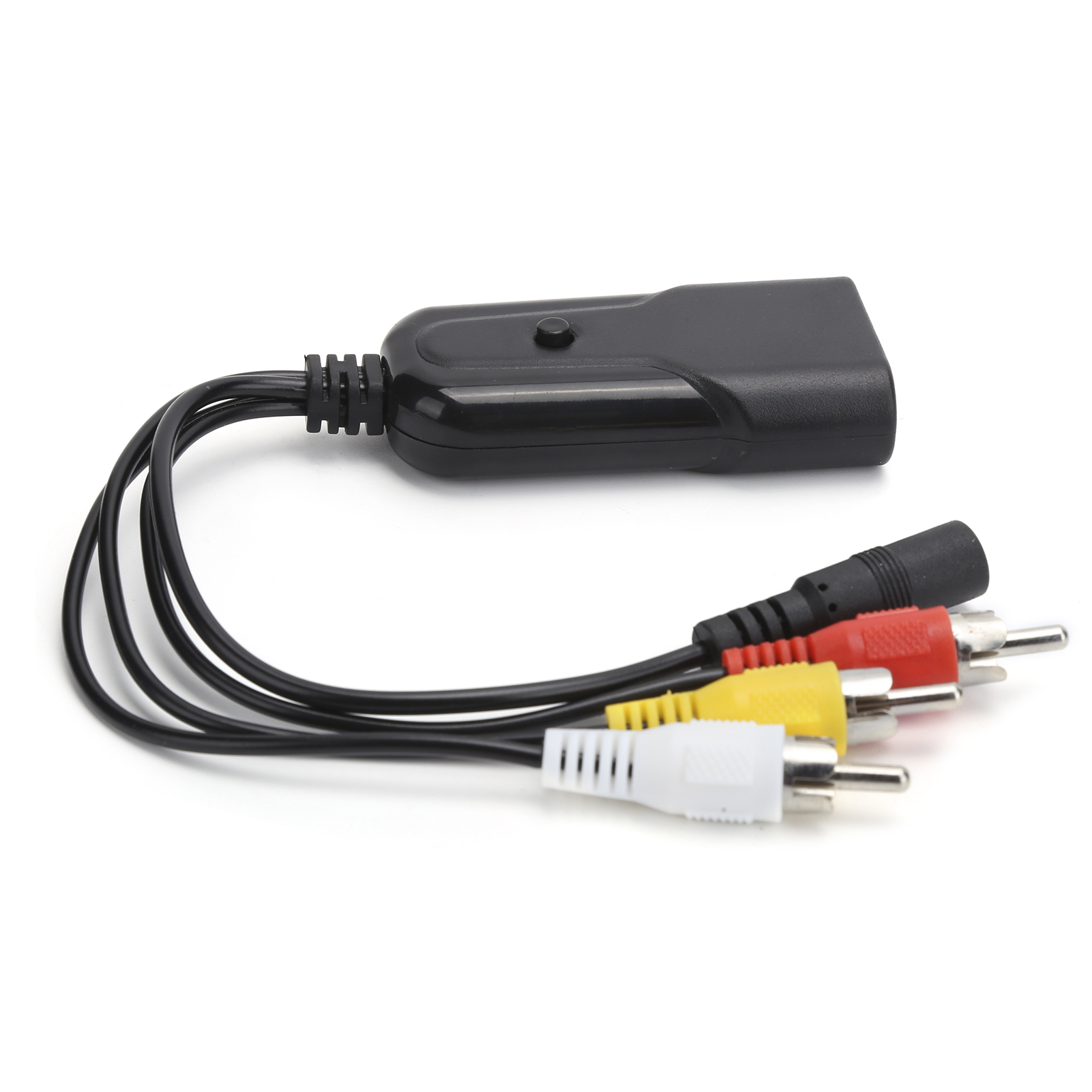 Schwarzer AV-Adapter mit Cinch-Anschlüssen. Er hat schwarze, rote, gelbe und weiße Stecker und einen Knopf oben.