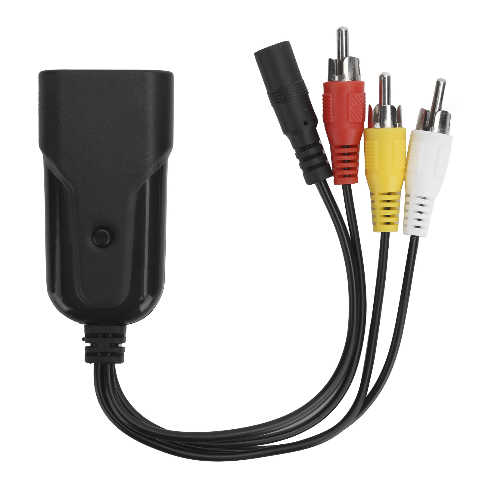 Ein schwarzer Adapter mit roten, gelben, weißen und schwarzen Audio-/Videokabeln auf weißem Hintergrund.