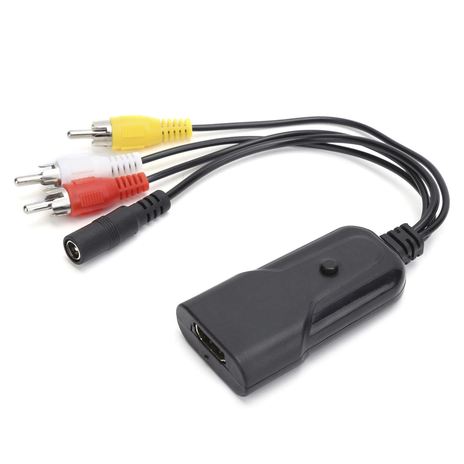 Ein AV-zu-HDMI-Adapter. Er hat schwarze Kabel mit roten, weißen und gelben Cinch-Anschlüssen. Ein schwarzer HDMI-Anschluss.