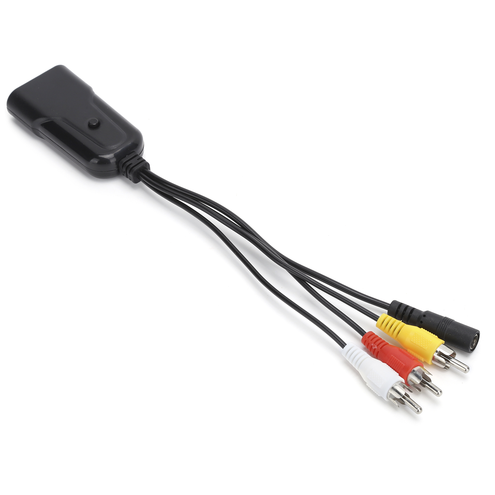 Schwarzer Adapter mit schwarzen Kabeln und roten, weißen und gelben Cinch-Anschlüssen. Auf weißem Hintergrund isoliert.