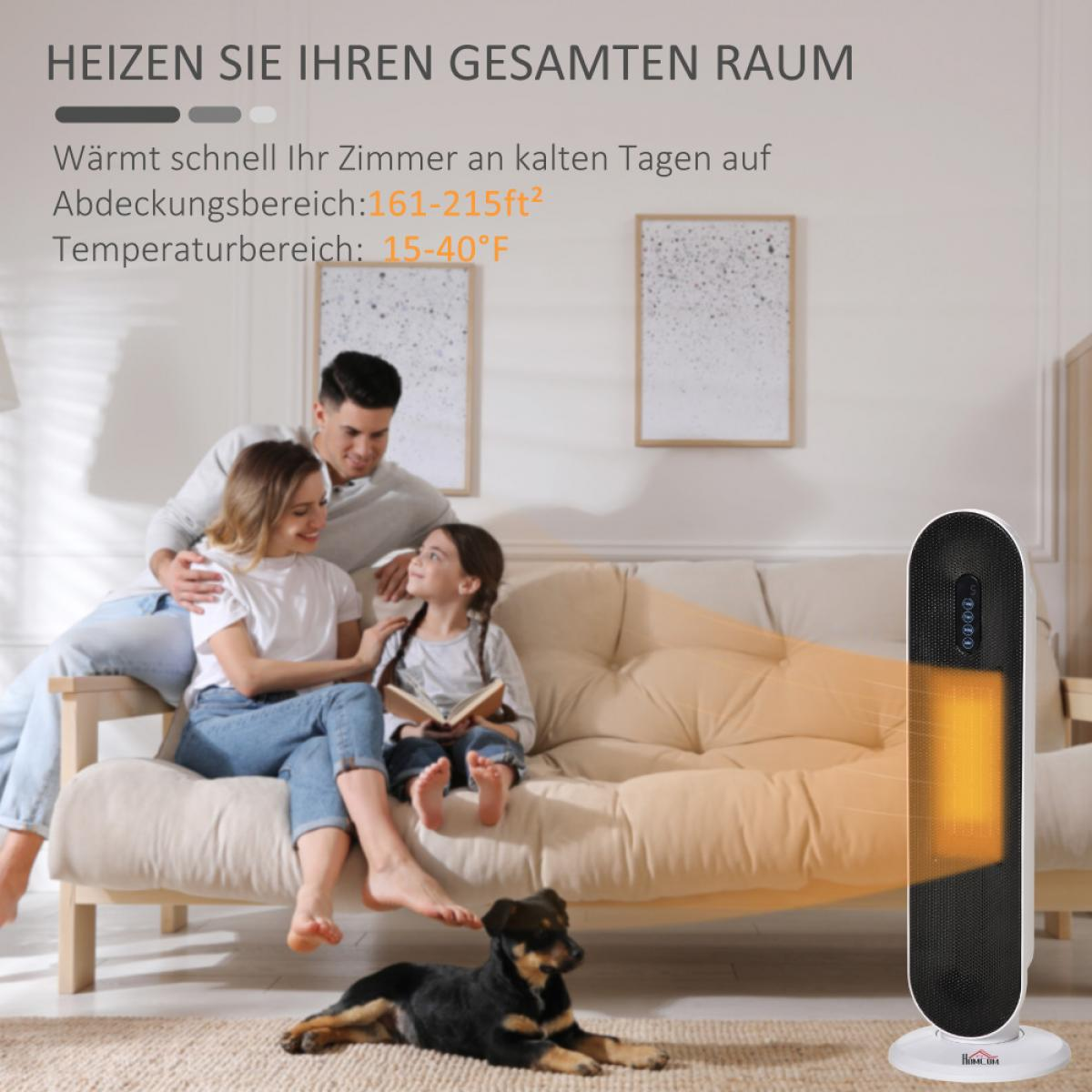 Eine dreiköpfige Familie und ein Hund sitzen auf einem Sofa. Rechts steht eine Heizung. Text: 'Heizen Sie Ihren gesamten Raum'.