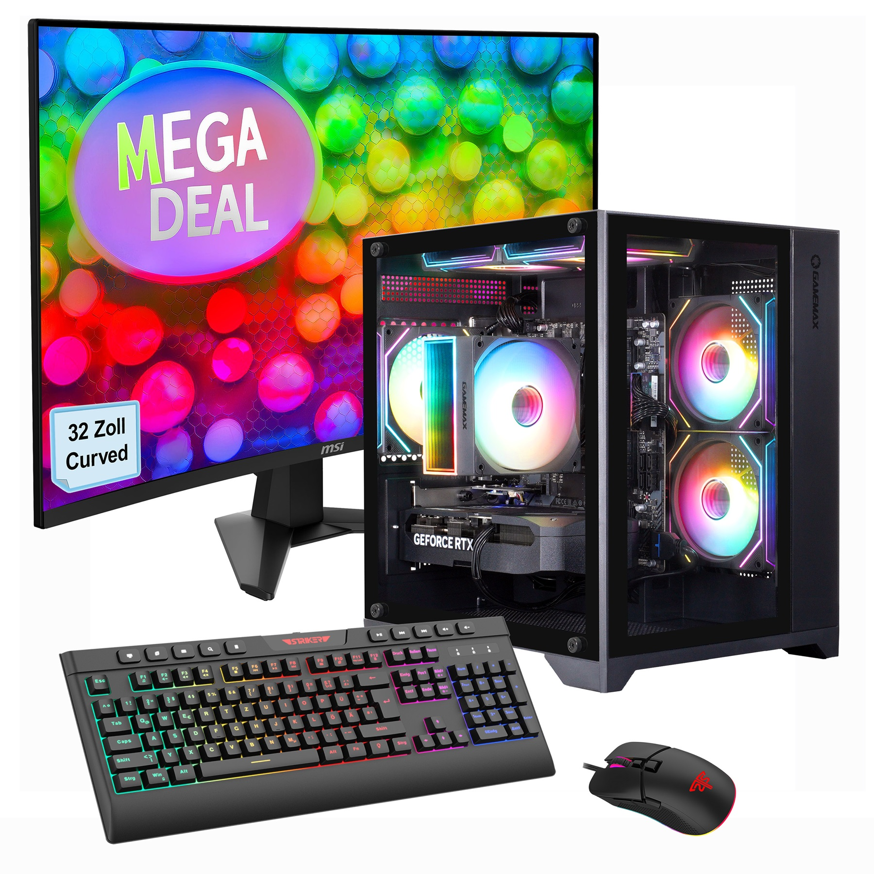 Ein Gaming-PC-Setup. Es umfasst einen Monitor, ein PC-Gehäuse, eine Tastatur und eine Maus. Der Monitor zeigt eine 'MEGA DEAL'-Grafik.