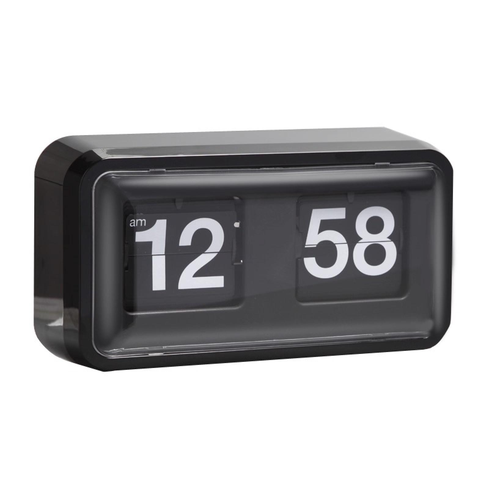 Eine schwarze Klappuhr zeigt 12:58 Uhr an. Die Uhr hat eine transparente Abdeckung. Die Ziffern sind weiß auf schwarzem Hintergrund.