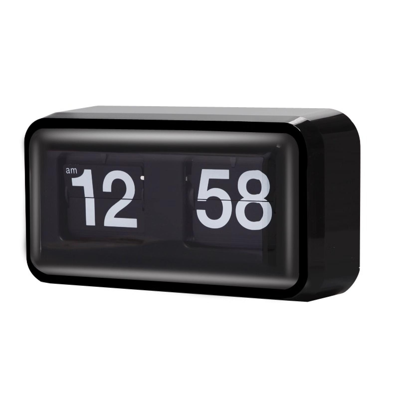 Eine schwarze Klappuhr zeigt 12:58 Uhr an. Die Uhr hat eine rechteckige Form mit abgerundeten Kanten und einer transparenten Frontabdeckung.
