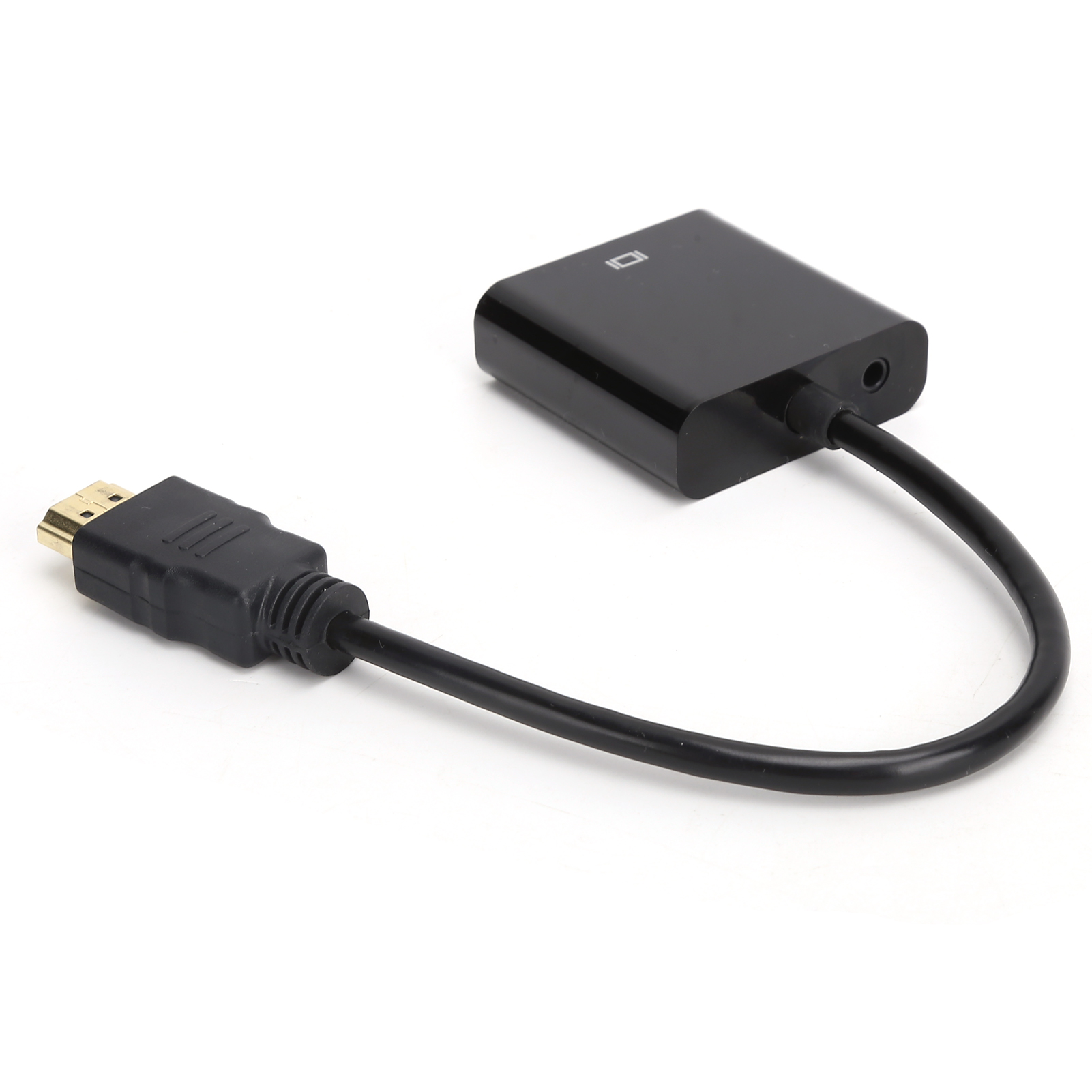 Ein schwarzer HDMI-Adapter mit einem schwarzen Kabel und einem HDMI-Anschluss befindet sich auf einer weißen Oberfläche.