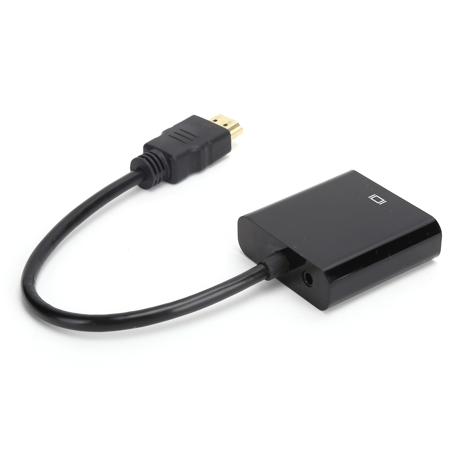 Ein schwarzer HDMI-zu-VGA-Adapter mit schwarzem Kabel und Adapter. Weißer Hintergrund.