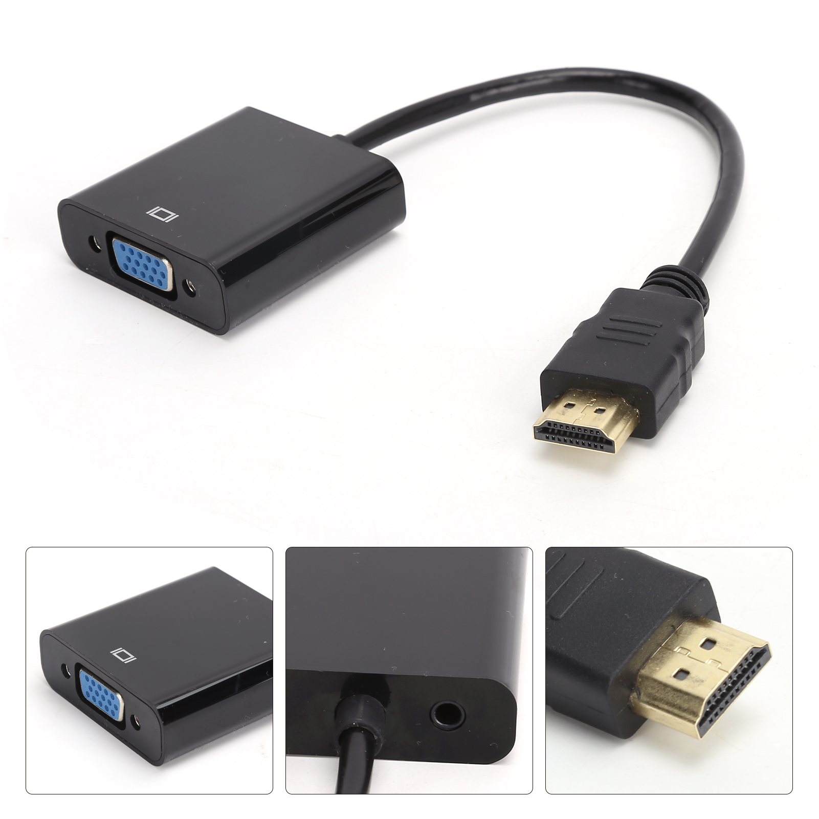 Schwarzer VGA-zu-HDMI-Adapter mit VGA-Eingang, HDMI-Ausgang und schwarzem Kabel. Weißer Hintergrund.