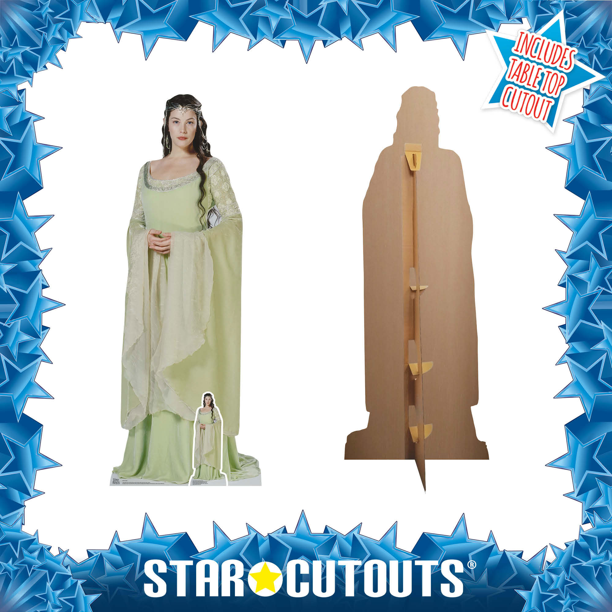 Pappaufsteller einer Frau in einem grünen Kleid. Eine kleinere Version und die Rückseite des Aufstellers sind ebenfalls zu sehen. Star Cutouts Logo unten.